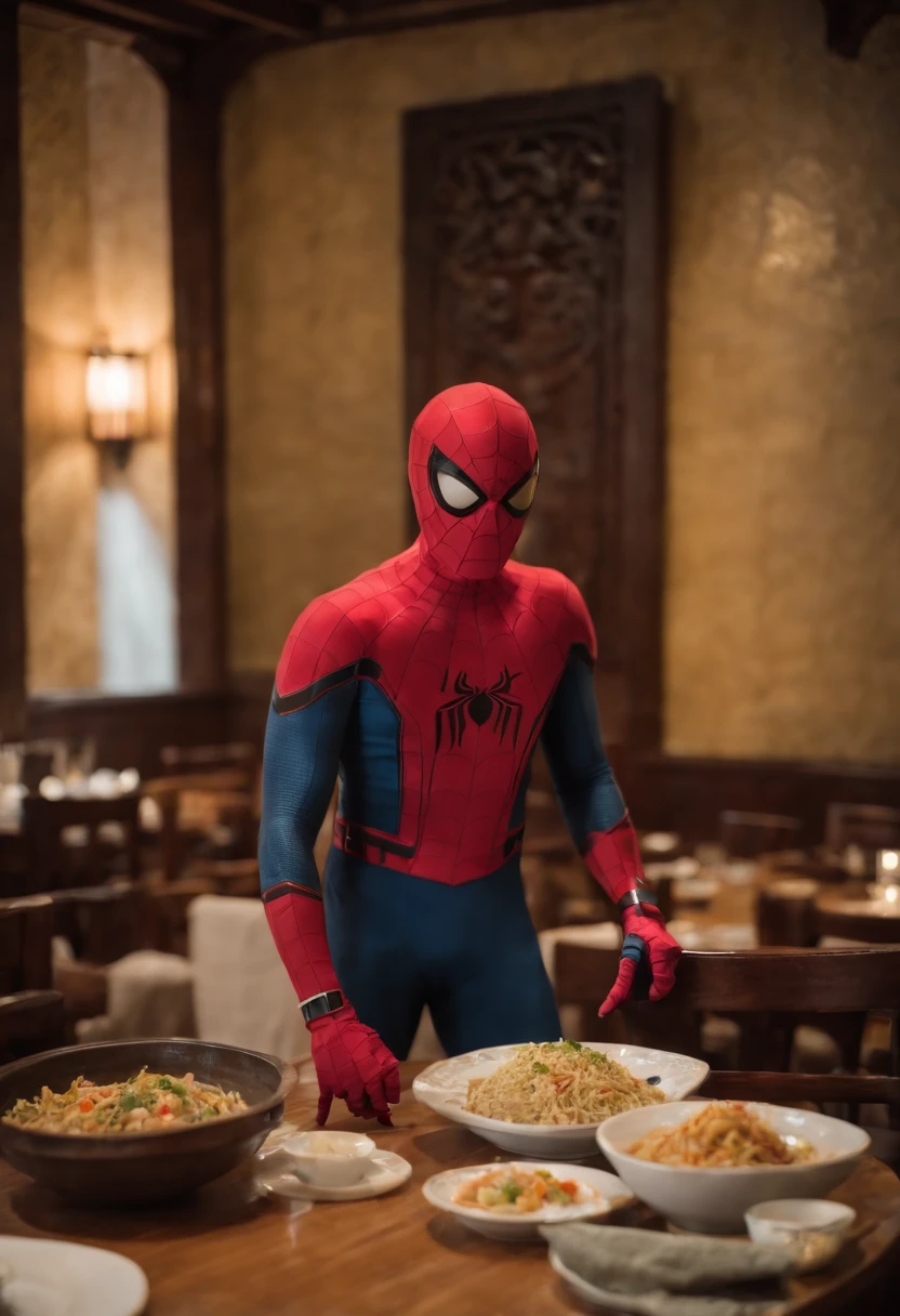 Cinematographer, ultra realista, Ropa detallada, Bellamente detallado, UHD, HDR, Altas Resoluciones, ultra detallado, Detalles intrincados, Efectos texturales, absurdos, obra maestra, 8k:1.2. En esta imagen, vemos a Spider-Man en un inusual descanso de sus actividades heroicas. He's standing in a chic Asian restaurant in his iconic costume.................... Spider-Man holds a bowl of Chinese fried rice mixed with oriental stir-fried noodles in his hands skillfully.., usando unos elegantes palillos chinos para llevar un bocado a su boca. The plate is full of fried rice, salteado. The restaurant is decorated with traditional Chinese elements, como linternas rojas colgando del techo y dragones dorados esculpidos en las paredes. The dim light of the lanterns creates a warm and welcoming atmosphere in the place.