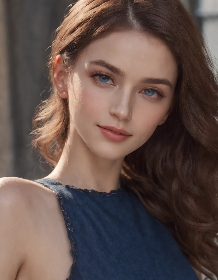 (RAW, analogue, Nikon Z 14mm ultra-wide angle lens, award-winning glamour photograph, ((best quality)), ((masterpiece)), ((realistic)), skin pores, subsurface scattering, radiant light rays, high-res, detailed facial features, high detail, sharp focus, smooth, aesthetic, extremely detailed, (extremely detailed eyes, extremely detailed iris), extremely detailed hair, extremely detailed skin, extremely detailed clothes, octane render, photorealistic, realistic, post-processing, max detail, realistic shadows, roughness, natural skin texture, real life, ultra-realistic, photorealism, photography, 8k UHD, photography, hdr, intricate, elegant, highly detailed, sharp focus, stunning, beautiful, gorgeous), (masterpiece:1.2, best quality1:1, ultra-detailed:1.2, best shadow, 8k:1.1), (massive city:1.3, rooftop:1.1, city structures below, handrails), (contrasting background, bright background), (beautiful detailed face), high contrast, (perfect illumination:1.2, beautiful color, delicate color), ((cinematic light)), colorful, hyper detail, dramatic light, intricate details, (1 girl, solo, brown hair, smiling face, short hair, wavy hair:1.1, blue eyes, dynamic angle, white tanktop, cowboy shot, arms down), depth of field