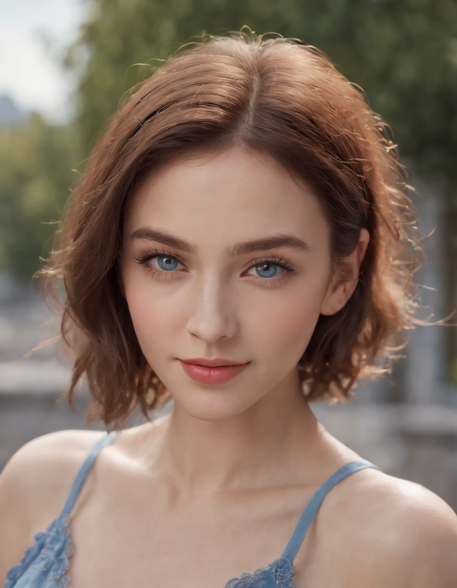 (RAW, analogue, Nikon Z 14mm ultra-wide angle lens, award-winning glamour photograph, ((best quality)), ((masterpiece)), ((realistic)), skin pores, subsurface scattering, radiant light rays, high-res, detailed facial features, high detail, sharp focus, smooth, aesthetic, extremely detailed, (extremely detailed eyes, extremely detailed iris), extremely detailed hair, extremely detailed skin, extremely detailed clothes, octane render, photorealistic, realistic, post-processing, max detail, realistic shadows, roughness, natural skin texture, real life, ultra-realistic, photorealism, photography, 8k UHD, photography, hdr, intricate, elegant, highly detailed, sharp focus, stunning, beautiful, gorgeous), (masterpiece:1.2, best quality1:1, ultra-detailed:1.2, best shadow, 8k:1.1), (massive city:1.3, rooftop:1.1, city structures below, handrails), (contrasting background, bright background), (beautiful detailed face), high contrast, (perfect illumination:1.2, beautiful color, delicate color), ((cinematic light)), colorful, hyper detail, dramatic light, intricate details, (1 girl, solo, brown hair, smiling face, short hair, wavy hair:1.1, blue eyes, dynamic angle, white tanktop,  cowboy shot, arms down), depth of field