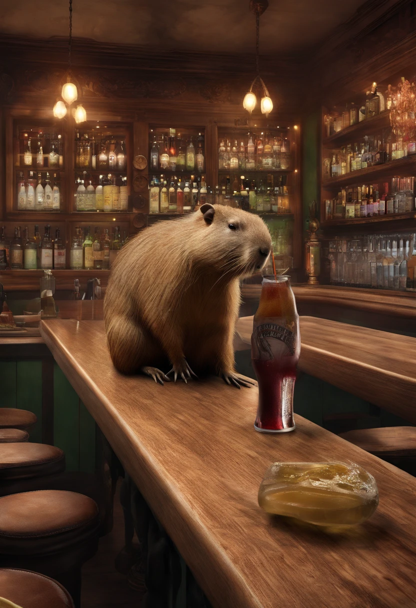 Capybara sitting in the bar,Premium bar,Capybaras drinking cocktails,Perfect capybara limbs
