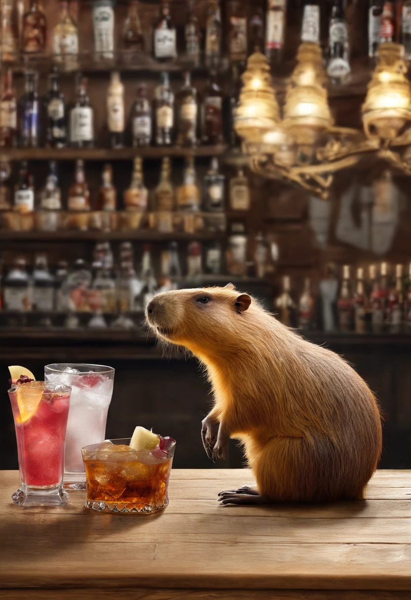 Capybara sitting in the bar,Premium bar,Capybaras drinking cocktails,Perfect capybara limbs