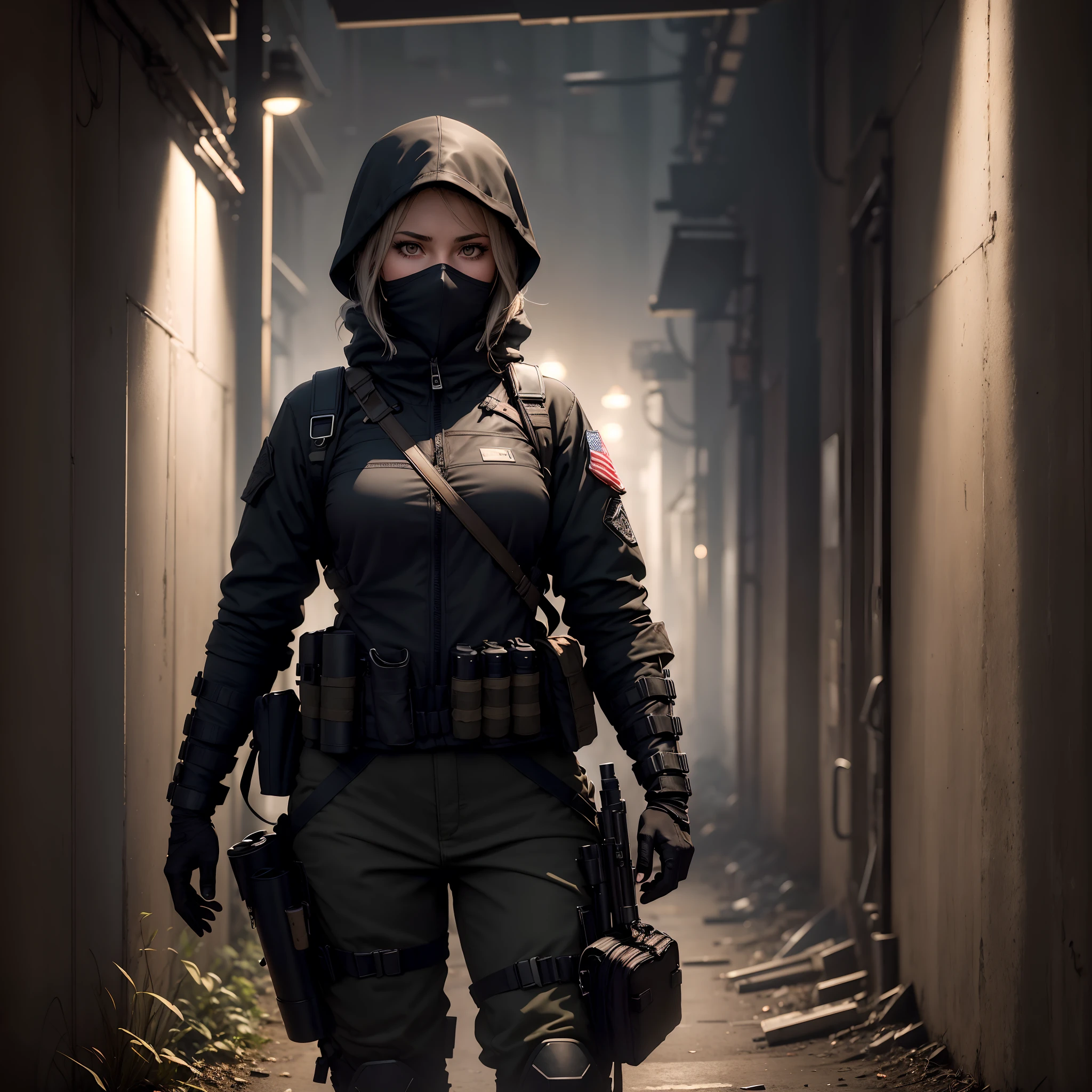"In a dimly lit alley, shrouded in darkness, at the far end stands a 30-year-old woman clad in tactical gear."