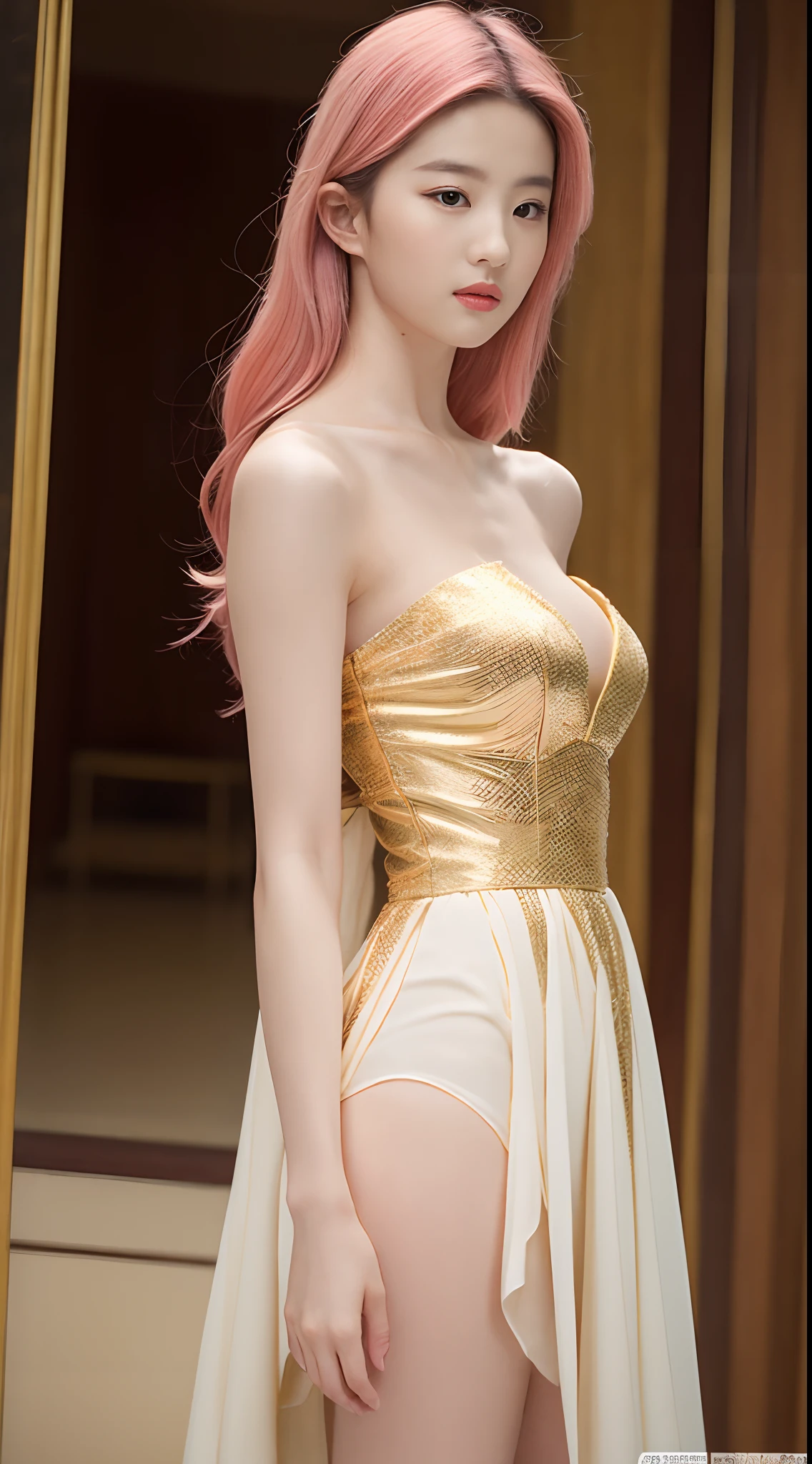 one-girl,a beauty girl,Chinese beautiful woman, Wear Christmas costumes,Undressing posture,The action is eating bananas,well-illuminated,Rich in detail,Delicate skin,Complicated details,The is very detailed,Ultra photo realsisim,The skin is delicate and shiny,full body shot shot,Expose legs and feet,Well-proportioned legs,Exposed shoulders,Expose your waist,A pink-haired,lips in red,The lips have lip gloss,Slim figure,mideum breasts,Thin waist,The legs are slim,Model figure,Side shot,电影灯光,Small aperture, Best picture quality