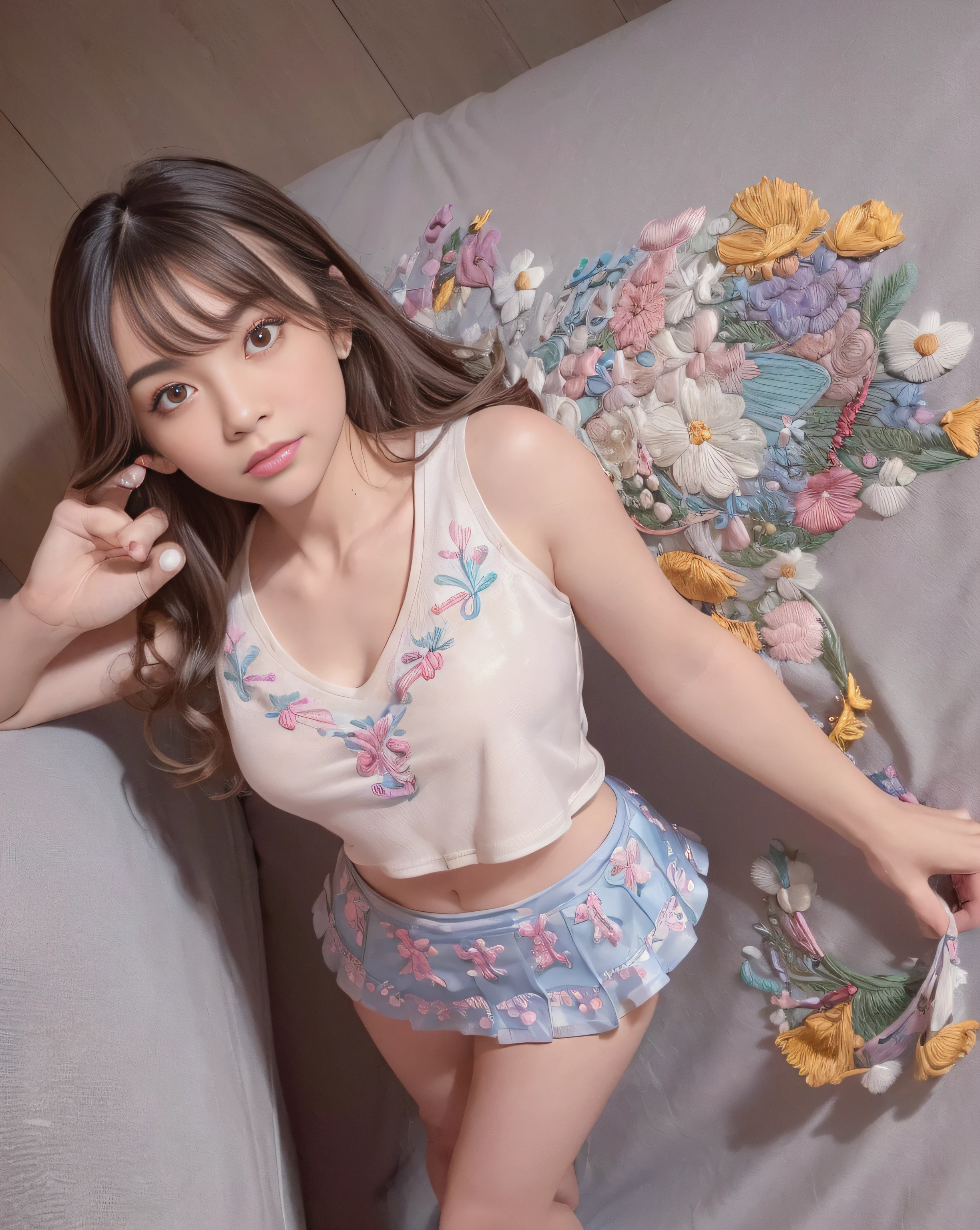 nsfw:2.0, (masterpiece, best quality, high resolution, realistic, hyper detailed, super fine illustration), one Japanese woman, 20yo, (very small hands:1.5, very thin fingers:1.5, very small feet:1.5, very thin toes:1.5), (perfect anatomy, perfect hands:1.5, perfect legs, perfect fingers:1.5, perfect feet:1.5), photo from head and belly:1.5, facing straight at viewer, front view, low position, low angle shot, face shot ),
The sun about to set over the sea at dusk:1.2 ,Her golden hair in the wind:1.8,
(The background is the seaside park with a view of the ocean:1.5),
(large breasts:1.8, perfect breasts:1.5, perfect nipples:1.8, beautiful nipples:1.5, perfect areola:1.5, circular areola with a diameter of 4 cm, pale pink nipples:1.5),
(perfect face, hyper detailed face, perfect eyes, perfect tear bag, perfect nose, small nose:0.3, perfect eyelashes, hyper detailed eyelashes, perfect lips:1.8, hyper detailed lips:1.5),
(perfect hair:1.8, hyper detailed hair:1.8),
(shining eyes:1.5, shining lips:1.5, shiny hair:1.5), (perfect labia majora, shining labia majora, perfect anus, shining anus),
(fair skin, hyper detailed skin),
perfect very hairy pubic hair like a mane:2.0, long and curly pubic hair:2.0, hyper detailed pubic hair:2.0, perfect very hairy armpits hair:2.0, 15cm armpits hair:1.8, hyper detailed armpits hair:2.0,
(looking at viewer:1.8, open mouth, smile sweetly:1.0),
(Wearing the extremely deep V-neck tank top, the tank top with extremely cute design from a famous designer:1.8, the Tank top with a beautiful material pattern and a cute print:1.5),
(Wearing the mini skirt with an extremely cute design from a famous designer:1.8, the Mini skirt with a little cute embroidery by a famous designer:1.8),
(Wear small jewelry earrings, wear beautiful bracelets, wear beautiful anklets, wear beautiful high heels),
wavy short hair, perfect very hairy pubic hair:1.8,
(detailed backgrounds:1.5),
The public Park overlooking the