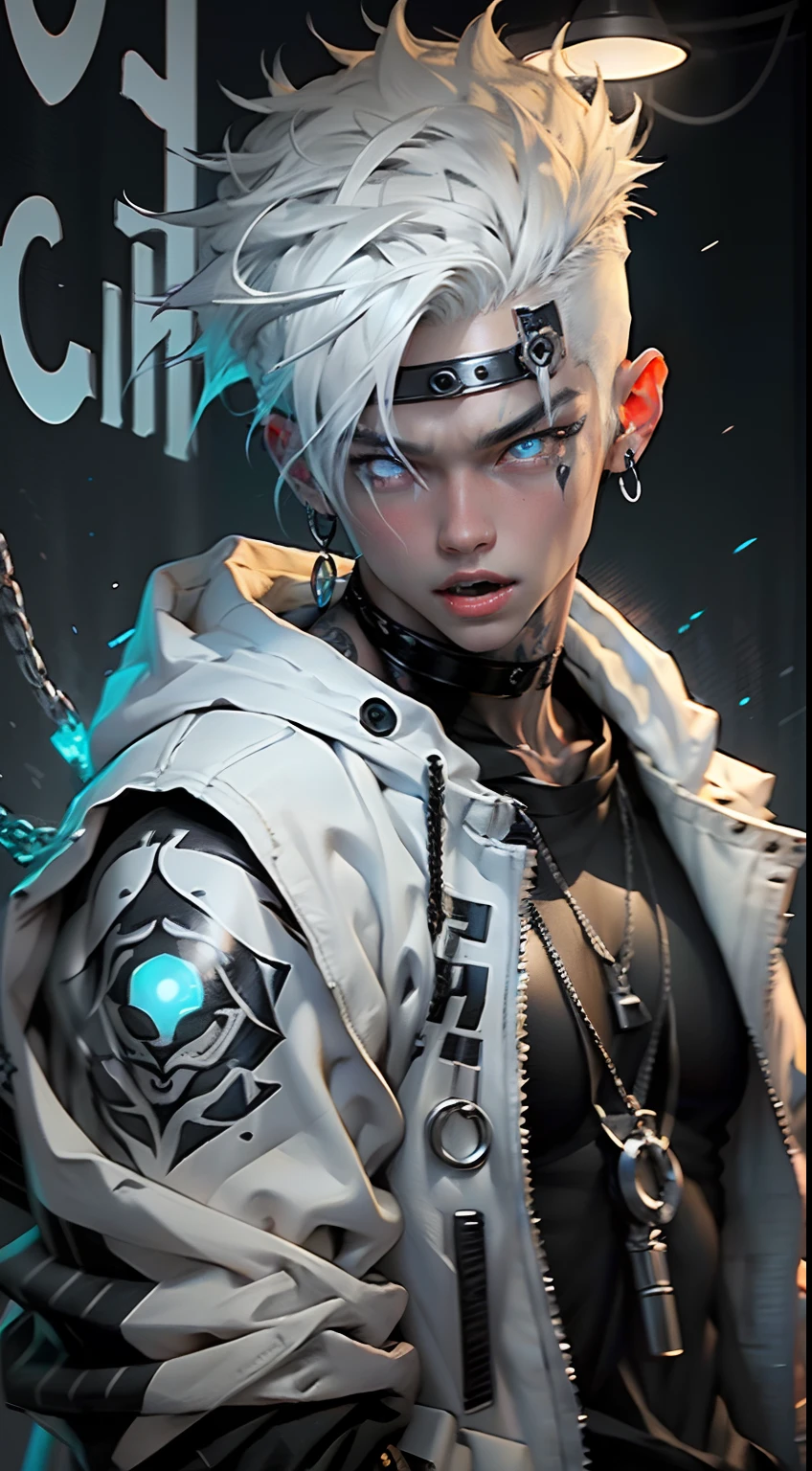 handsome kpop faceHifh detail kpop boy, with gemini sign tattoo, chains, slim body, fade cut white hair with white neon streaks , eyeballs blue eyes, straight up serious pose, big sized white jogging pants, cool open jacket, small body, stretching, happy face with fangs, black and white background