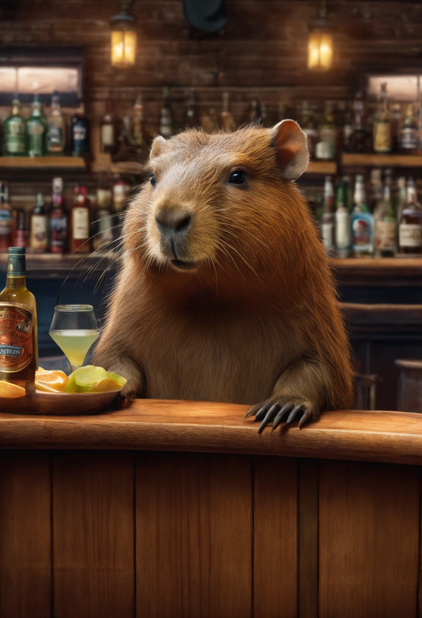 Capybara sitting in the bar,Premium bar,Capybaras drinking cocktails,Perfect capybara limbs