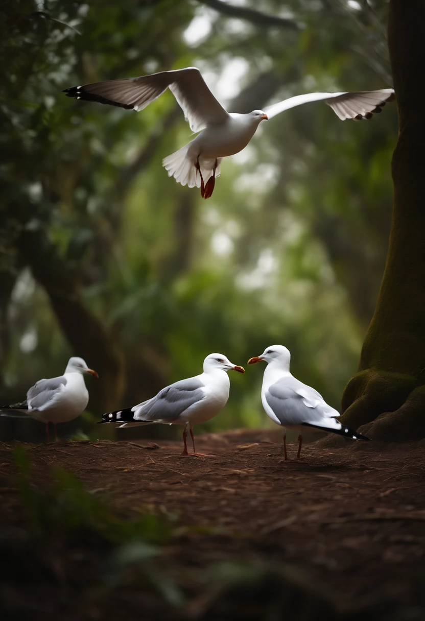 seagulls , Beautiful, stunning realistic photograph, Focused, High details, High quality, hyperlight , 8K, Cinematic, picure, Intricate, voluminetric lighting, Beautiful, Blur jungle background, zoom out