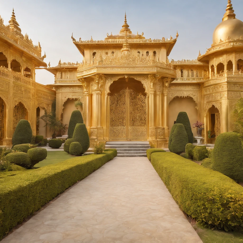 (golden palace),illustration,golden structure,ornate details,beautiful gardens,impressive architecture,historical significance,royal residence,luxury and opulence,elaborate decorations,regal atmosphere,vibrant colors,soft lighting