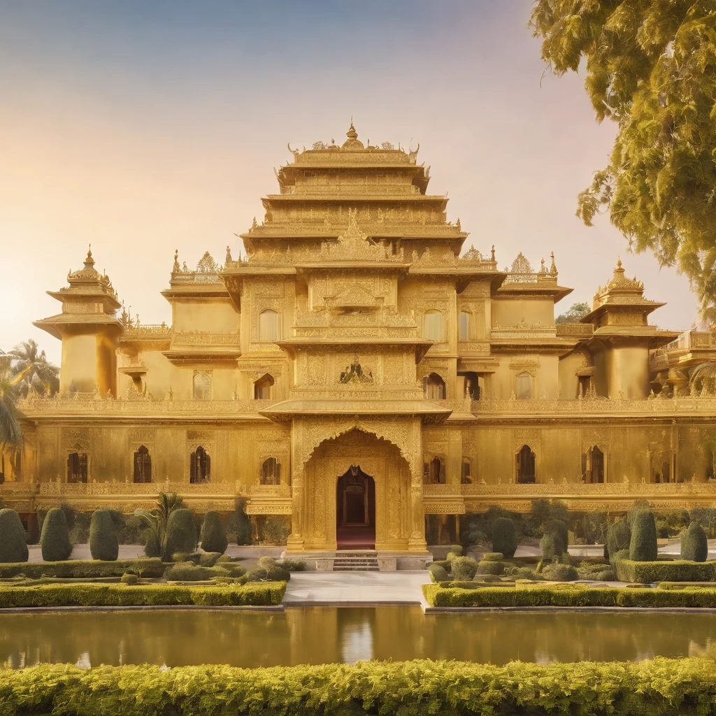 (golden palace),illustration,golden structure,ornate details,beautiful gardens,impressive architecture,historical significance,royal residence,luxury and opulence,elaborate decorations,regal atmosphere,vibrant colors,soft lighting