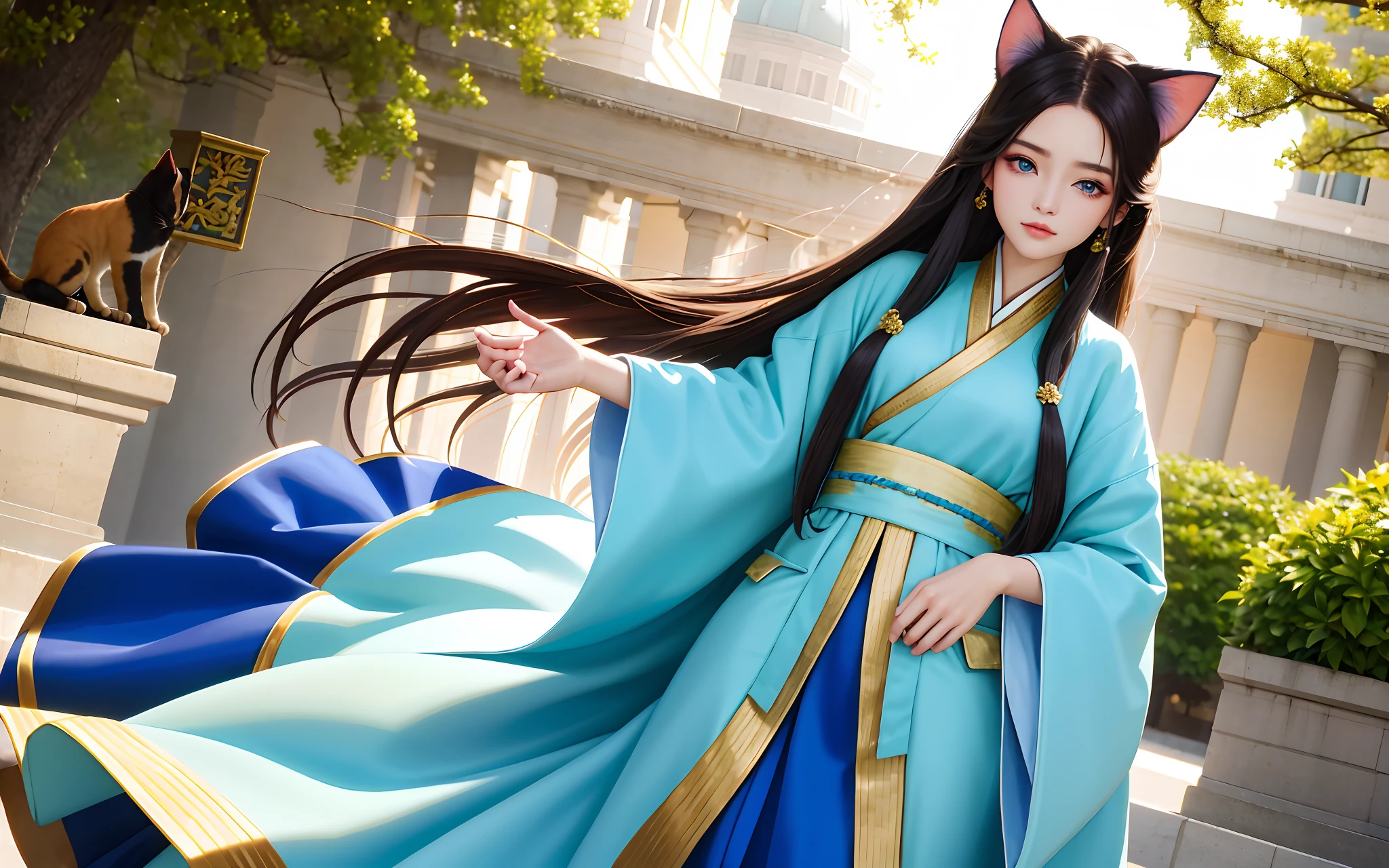 ((Highly detailed)),finished product,high high quality,A high resolution,(nice eyes and face),{voluptuous}{offcial art},(++Delicate facial details++),(++Exquisite body details++),(Physical)(Dynamic),(
1 girl, Beautiful detail eyes,Beautiful detail sky,电影灯光, Dramatic angle, Blue eyes, Cat ears, Long hair, Cool, Coat,Hanfu,Put your hands in your pockets,Beautiful girl,{{Delicate face}},Coat,Put your hands in your pockets),(++Beautifully dressed++),offcial art(Extremely fine)