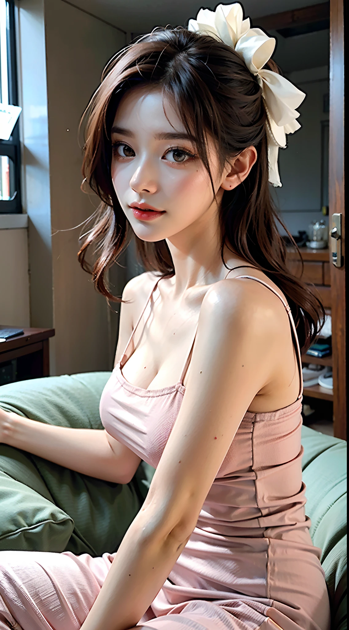 Sleeping Girl, 20 years old, Realistic, Wearing an orange camisole,Open legs, Expressions of satisfaction and relief, Brown hair. Pink bed theme and some cute stuffed animals on the bed,An ultra-high picture quality,high-detail,Get up,