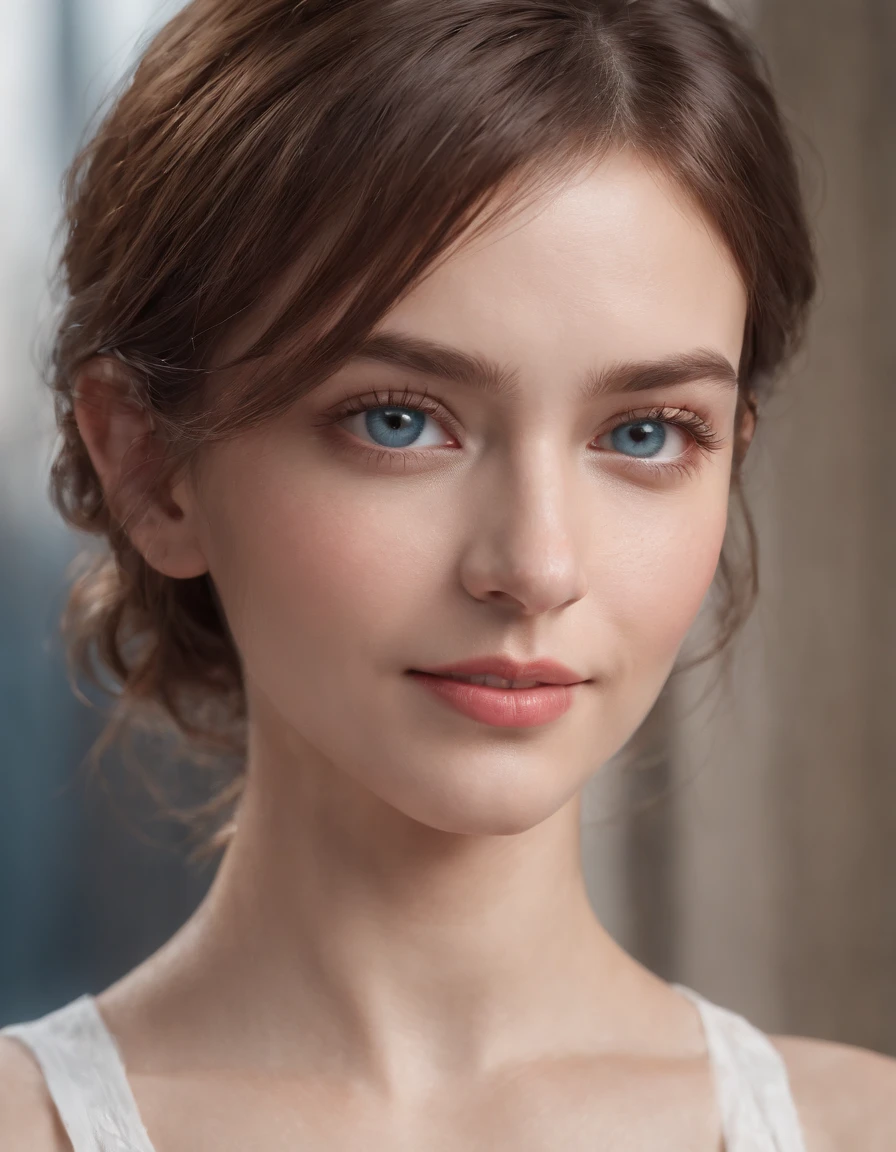 (RAW, analogue, Nikon Z 14mm ultra-wide angle lens, award-winning glamour photograph, ((best quality)), ((masterpiece)), ((realistic)), skin pores, subsurface scattering, radiant light rays, high-res, detailed facial features, high detail, sharp focus, smooth, aesthetic, extremely detailed, (extremely detailed eyes, extremely detailed iris), extremely detailed hair, extremely detailed skin, extremely detailed clothes, octane render, photorealistic, realistic, post-processing, max detail, realistic shadows, roughness, natural skin texture, real life, ultra-realistic, photorealism, photography, 8k UHD, photography, hdr, intricate, elegant, highly detailed, sharp focus, stunning, beautiful, gorgeous), (masterpiece:1.2, best quality1:1, ultra-detailed:1.2, best shadow, 8k:1.1), (massive city:1.3, rooftop:1.1, city structures below, handrails), (contrasting background, bright background), (beautiful detailed face), high contrast, (perfect illumination:1.2, beautiful color, delicate color), ((cinematic light)), colorful, hyper detail, dramatic light, intricate details, (1 girl, solo, brown hair, smiling face, short hair, wavy hair:1.1, blue eyes, dynamic angle, white tanktop, arms down), depth of field