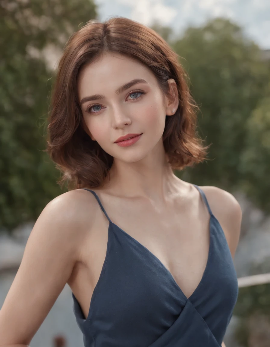 (RAW, analogue, Nikon Z 14mm ultra-wide angle lens, award-winning glamour photograph, ((best quality)), ((masterpiece)), ((realistic)), skin pores, subsurface scattering, radiant light rays, high-res, detailed facial features, high detail, sharp focus, smooth, aesthetic, extremely detailed, (extremely detailed eyes, extremely detailed iris), extremely detailed hair, extremely detailed skin, extremely detailed clothes, octane render, photorealistic, realistic, post-processing, max detail, realistic shadows, roughness, natural skin texture, real life, ultra-realistic, photorealism, photography, 8k UHD, photography, hdr, intricate, elegant, highly detailed, sharp focus, stunning, beautiful, gorgeous), (masterpiece:1.2, best quality1:1, ultra-detailed:1.2, best shadow, 8k:1.1), (massive city:1.3, rooftop:1.1, city structures below, handrails), (contrasting background, bright background), (beautiful detailed face), high contrast, (perfect illumination:1.2, beautiful color, delicate color), ((cinematic light)), colorful, hyper detail, dramatic light, intricate details, (1 girl, solo, brown hair, smiling face, short hair, wavy hair:1.1, blue eyes, dynamic angle, white tanktop, arms down), depth of field