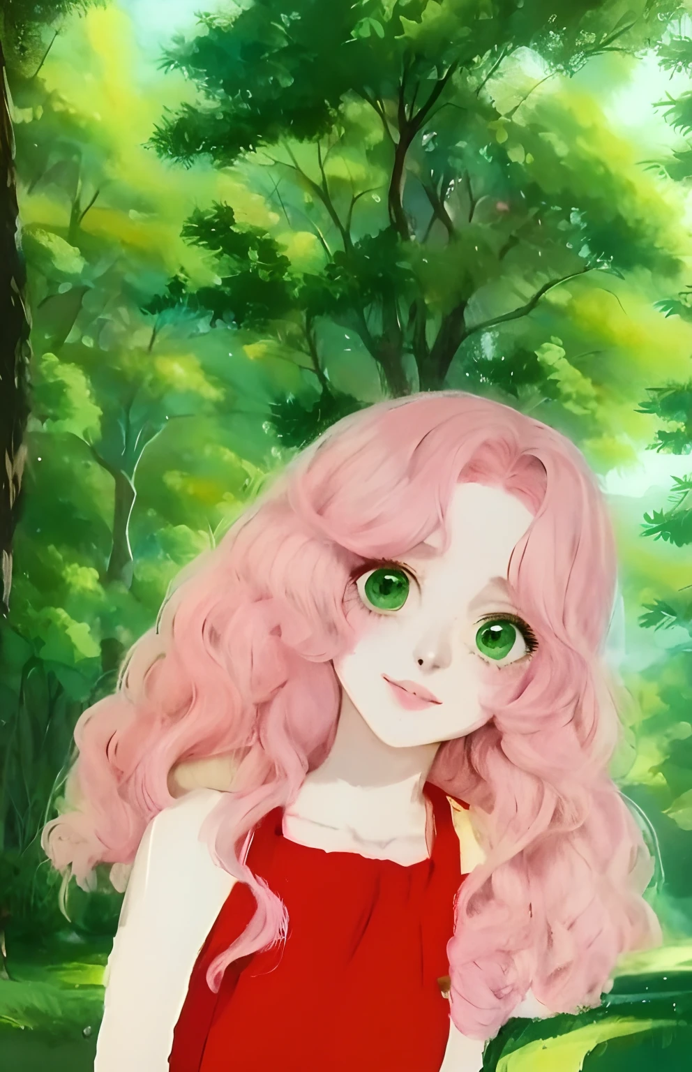 uma pintura de uma menina com cabelo rosa e olhos verdes, feito com anime painter studio, estilo realismo anime, realistic anime art style, pintado em anime painter studio, kawaii retrato realista, bonito rosto de anime natural, cabelo rosa encaracolado, retrato bonito do anime, Estilo de arte anime bonito, arte de anime realista, retratos bonitos da menina do anime, estilo anime semi-realista, estilo de arte anime, arte 8k