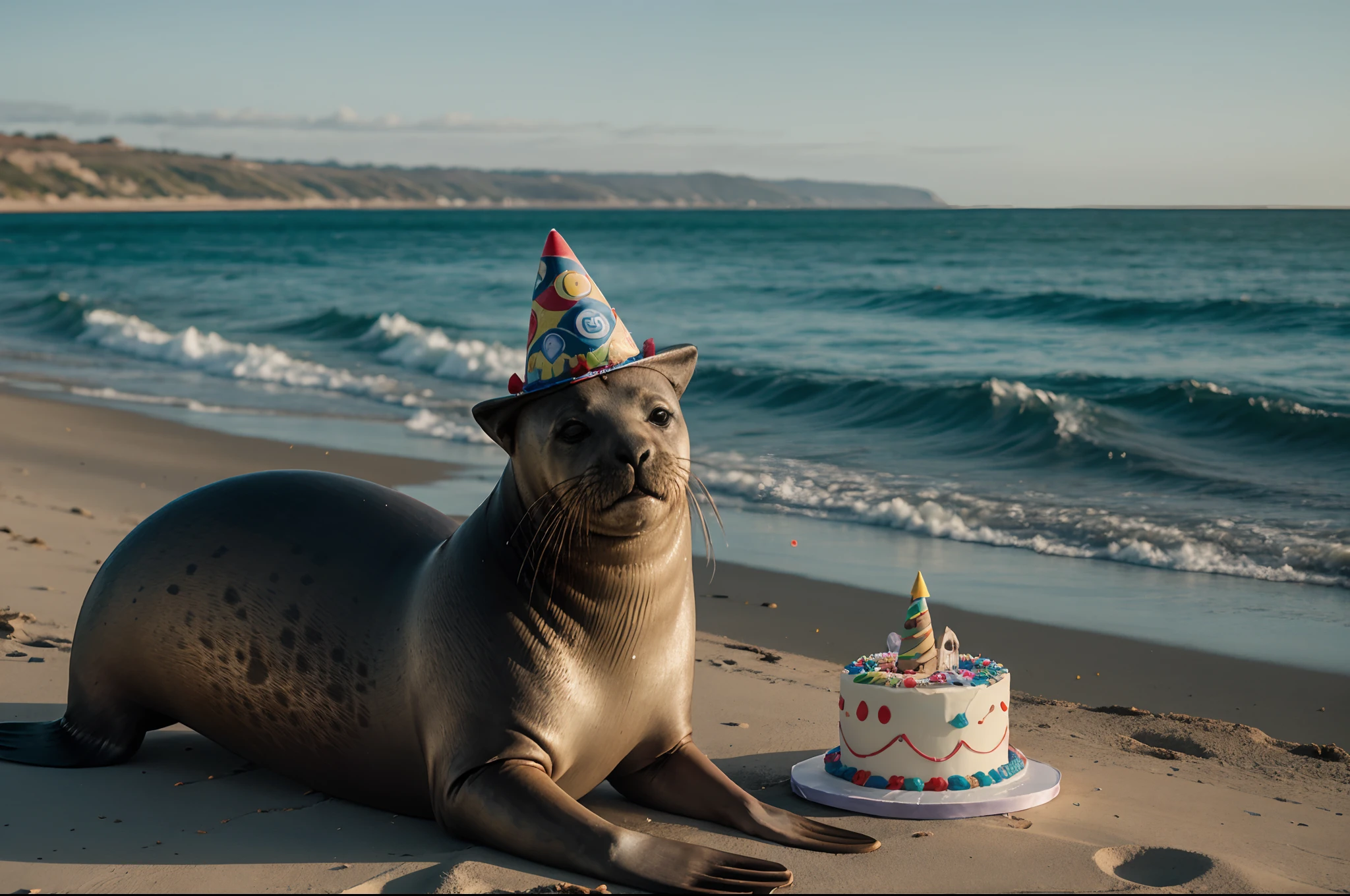 Photograph of a Sealion wearing a Party Hat with a birthday cake in front of them on the Sea Shore of Argentina, warm atmosphere, Captured by Panavision Panaflex Platinum Camera with Panavision Primo Primes Spherical Lens 50mm T1.9