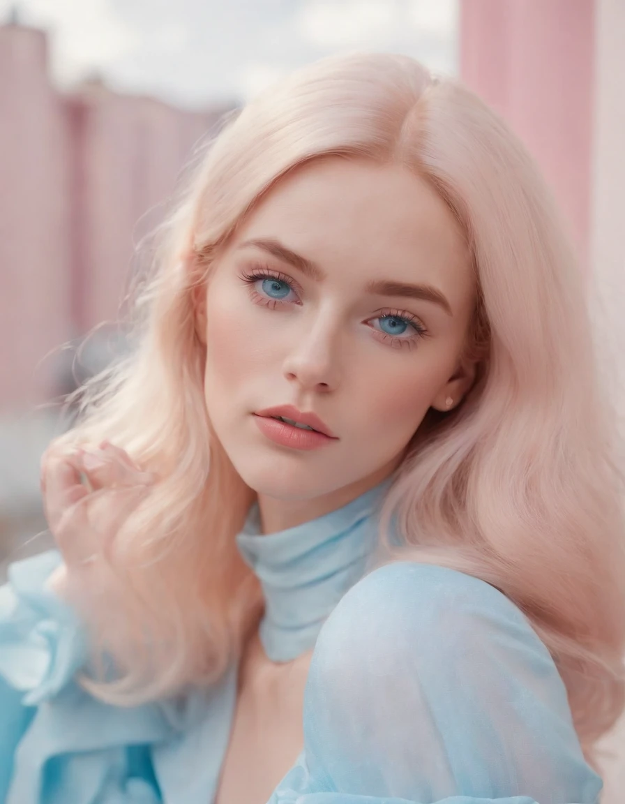 Market, neopop, pastel colors, by jimmy marble, portrait, straight hair, blue eyes, Barbie (medium shot)
