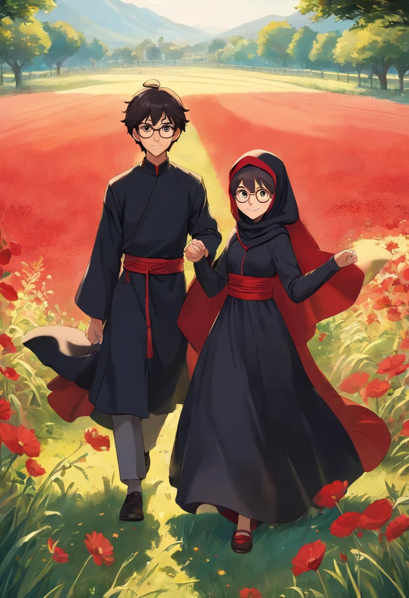 1girl and 1 boy, both 25 years old, light smile, shiny skin, the girl is wearing a beautiful red and black gown and hijab and the the boy is wearing black abaya and glasses in eyes, best quality, masterpiece, ball dancing in a musterd field holding hands (photorealistic:1.4)