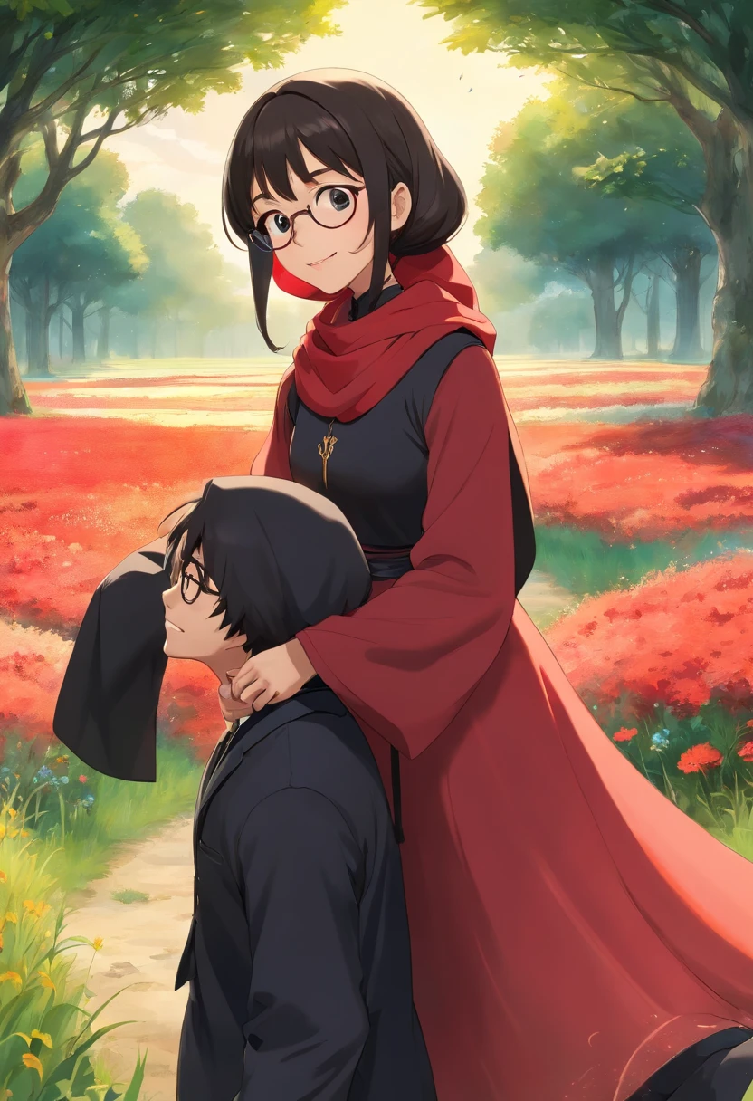 1girl and 1 boy, both 25 years old, light smile, shiny skin, the girl is wearing a beautiful red and black gown and hijab and the the boy is wearing black abaya and glasses in eyes, best quality, masterpiece, ball dancing in a musterd field holding hands (photorealistic:1.4)