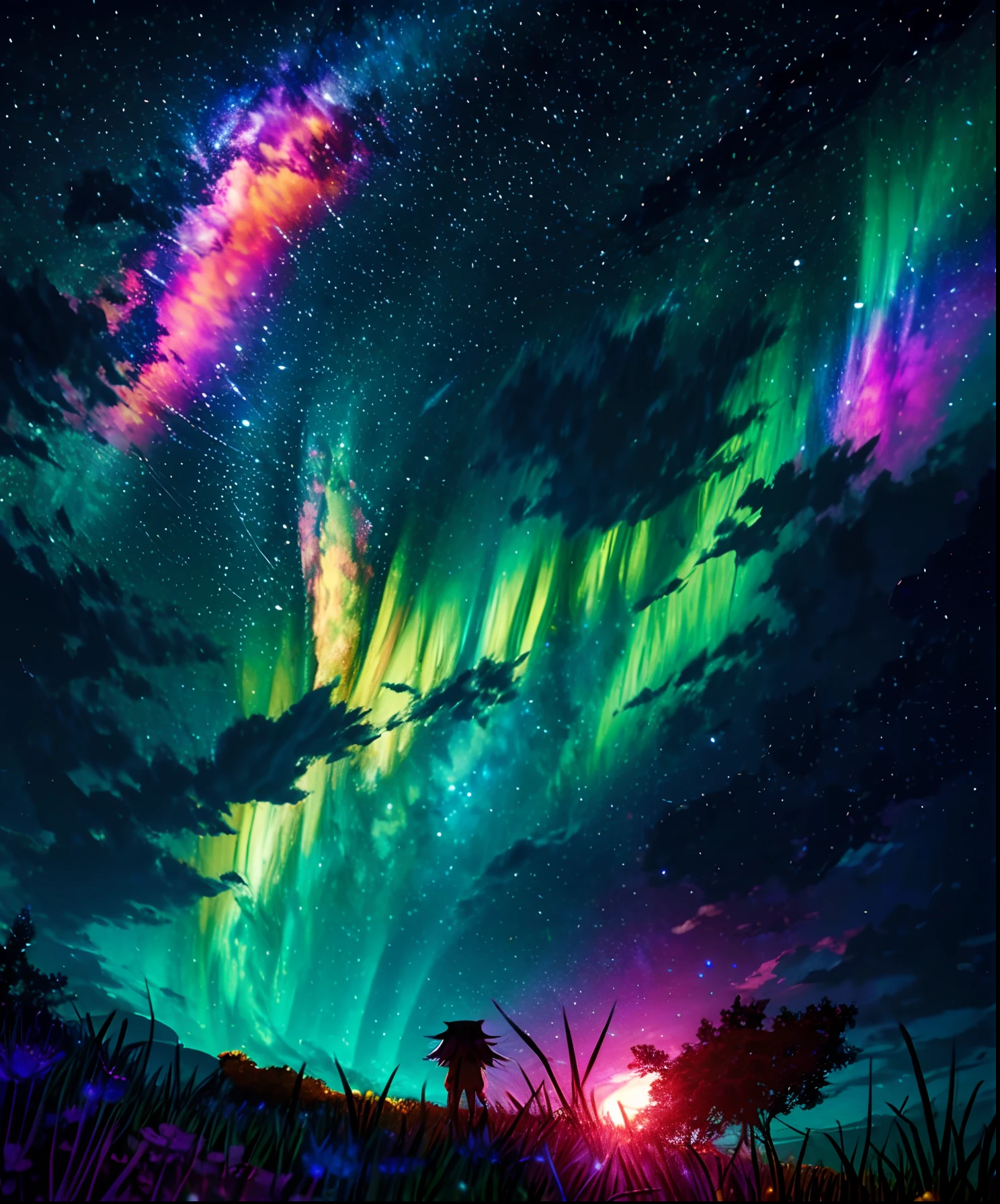 Describe a scene where a cute girl character is lying on a grassy hill, Looking up at the starry sky. Surround her with colorful nebulae and her favorite constellations.