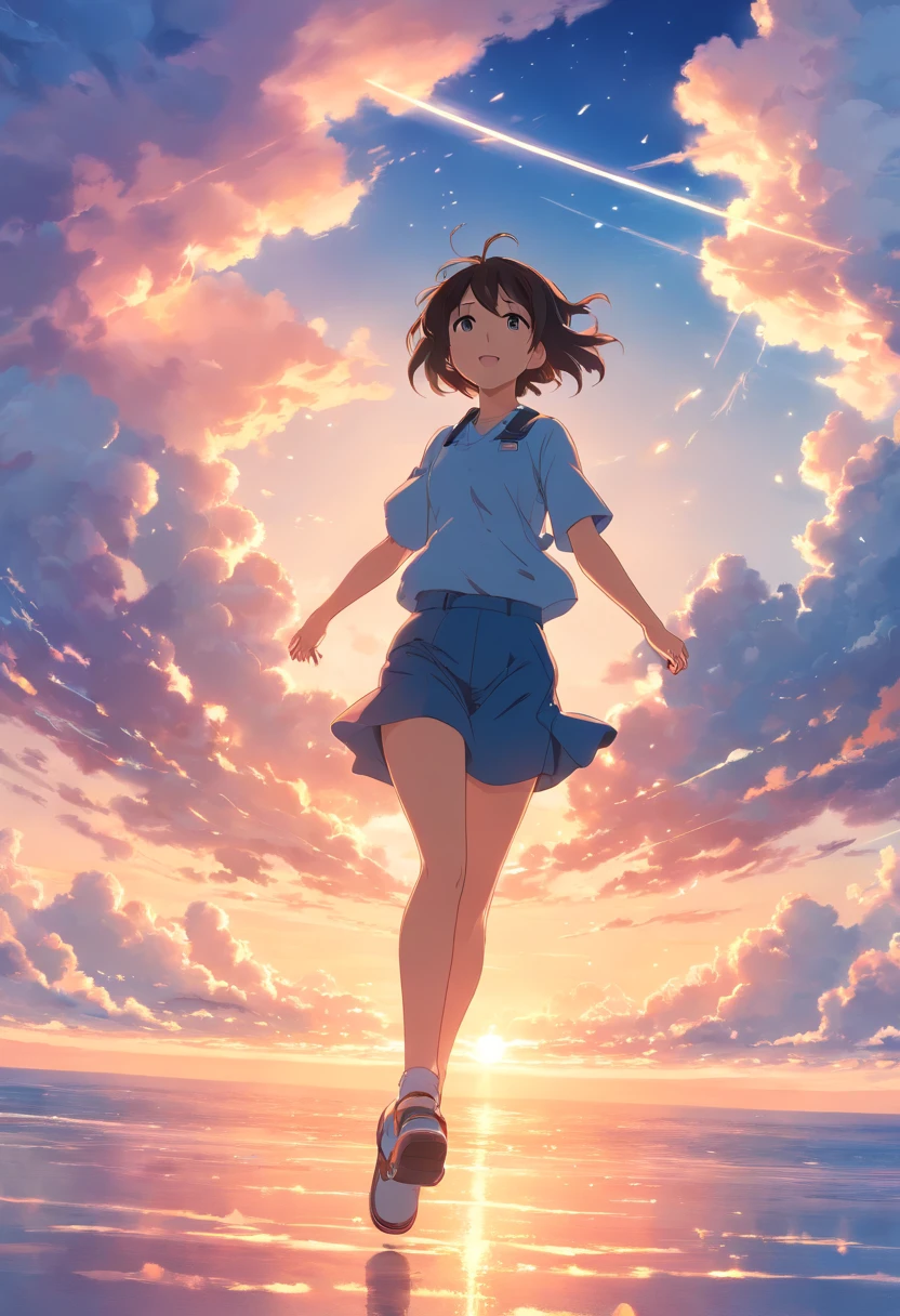 masterpiece, best quality, movie still, 1girl, cloud girl, floating in the sky, close-up, bright, happy, warm soft lighting, sunset, (sparks:0.7),camera is pulling,