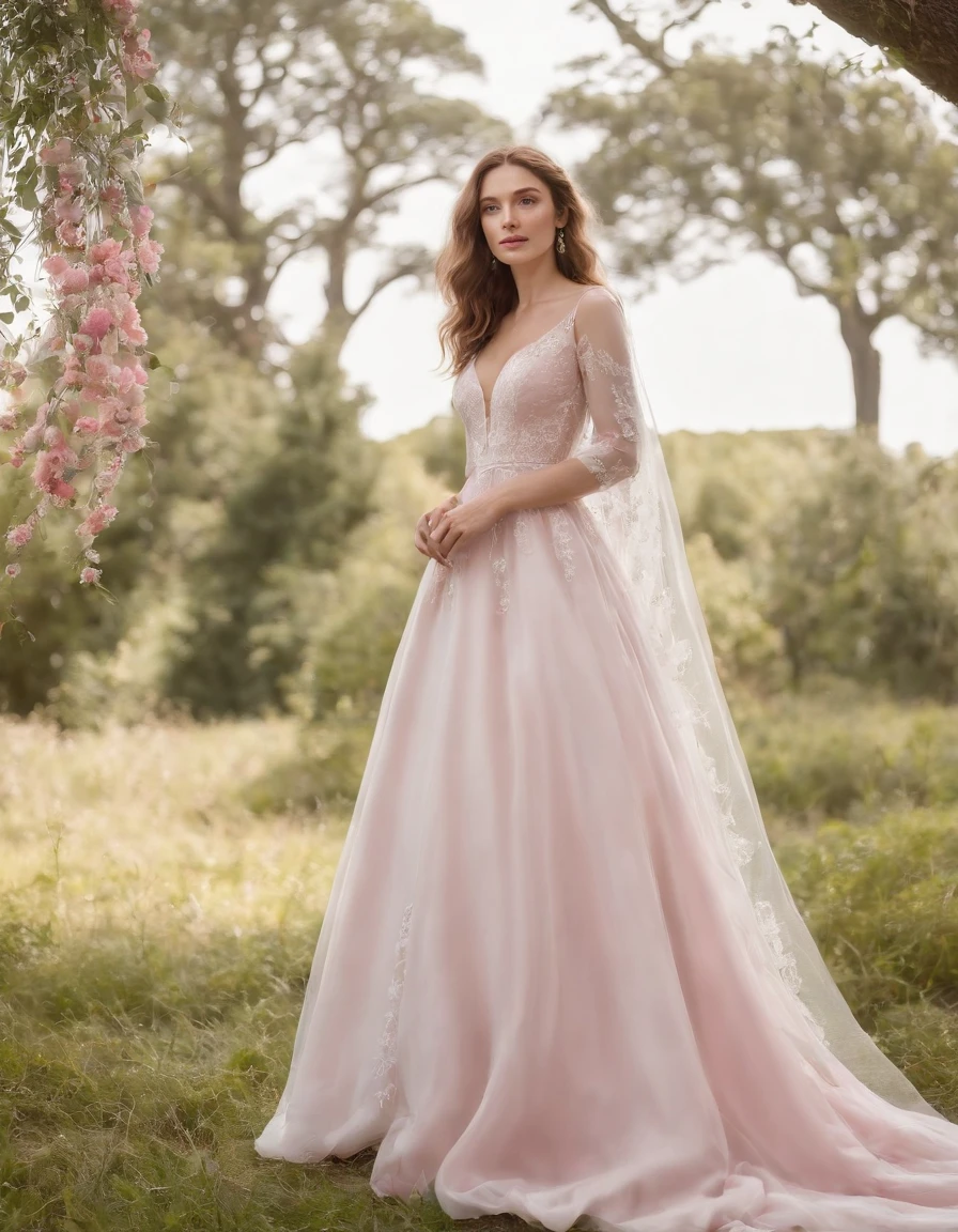 (Full body photograph of 1 white girl with freckles on her face and curly hair wedding dress with large transparent veil and pink dress + suave e delicado + cabelos loiros)+(Vestido longo em cores brilhantes, Luz brilhante, Cabelo loiro longo e liso + Olhos brilhantes e acolhedores)+(pink petals + Brisa suave + with blue sky and white clouds + Bosques verdes e floridos)，（upper body）
