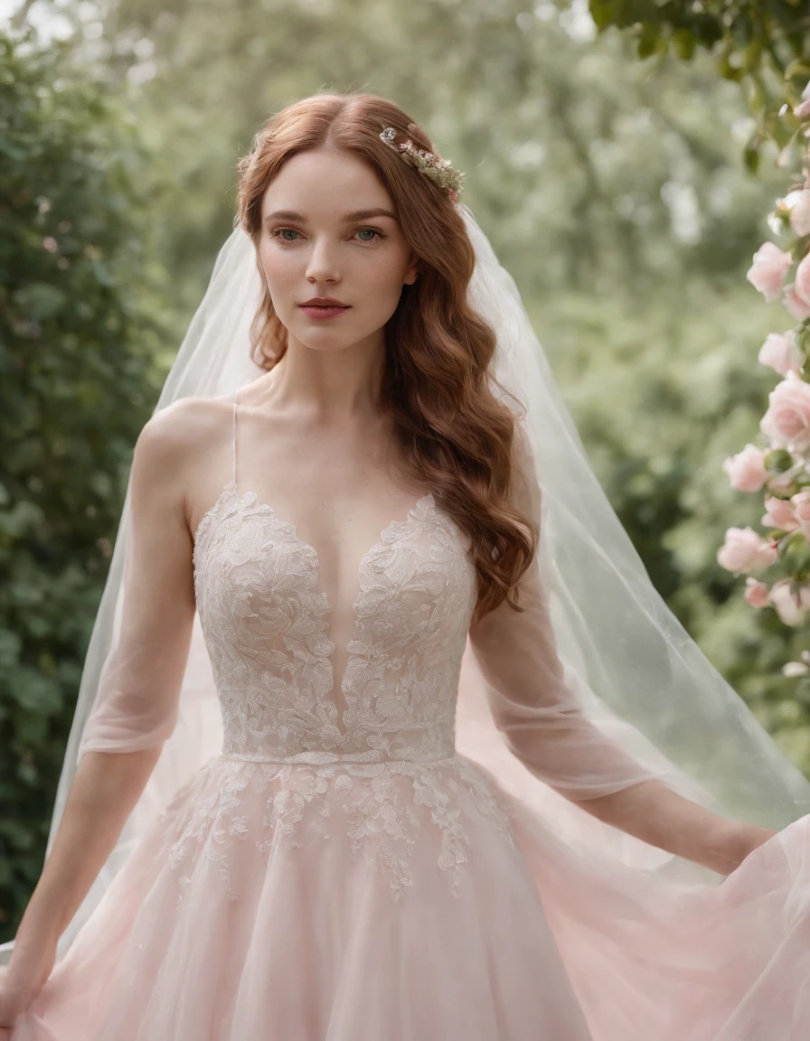 (Full body photograph of 1 white girl with freckles on her face and curly hair wedding dress with large transparent veil and pink dress + suave e delicado + cabelos loiros)+(Vestido longo em cores brilhantes, Luz brilhante, Cabelo loiro longo e liso + Olhos brilhantes e acolhedores)+(pink petals + Brisa suave + with blue sky and white clouds + Bosques verdes e floridos)，（upper body）