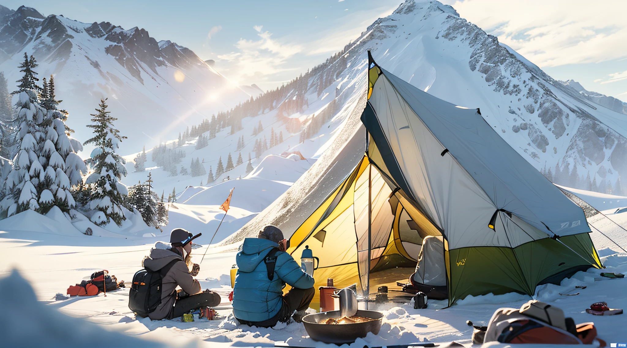 ((Snow Mountain Camping、A tiny２Put up skis beside the tent for people、Boil water on the stove、２Couple skiers eating cup ramen noodles side by side、Snow piled up on the tent and the area was a snowy field、You can see steep mountains in the distance))、Perfect Ray Tracing、Dramatic Writing、concept-art、Highly detailed background，Realistic，ultra-detailliert，super detailed skin，light glow，Film grain，Expro II，Lens Flare，Sharpen，cinematic shadow