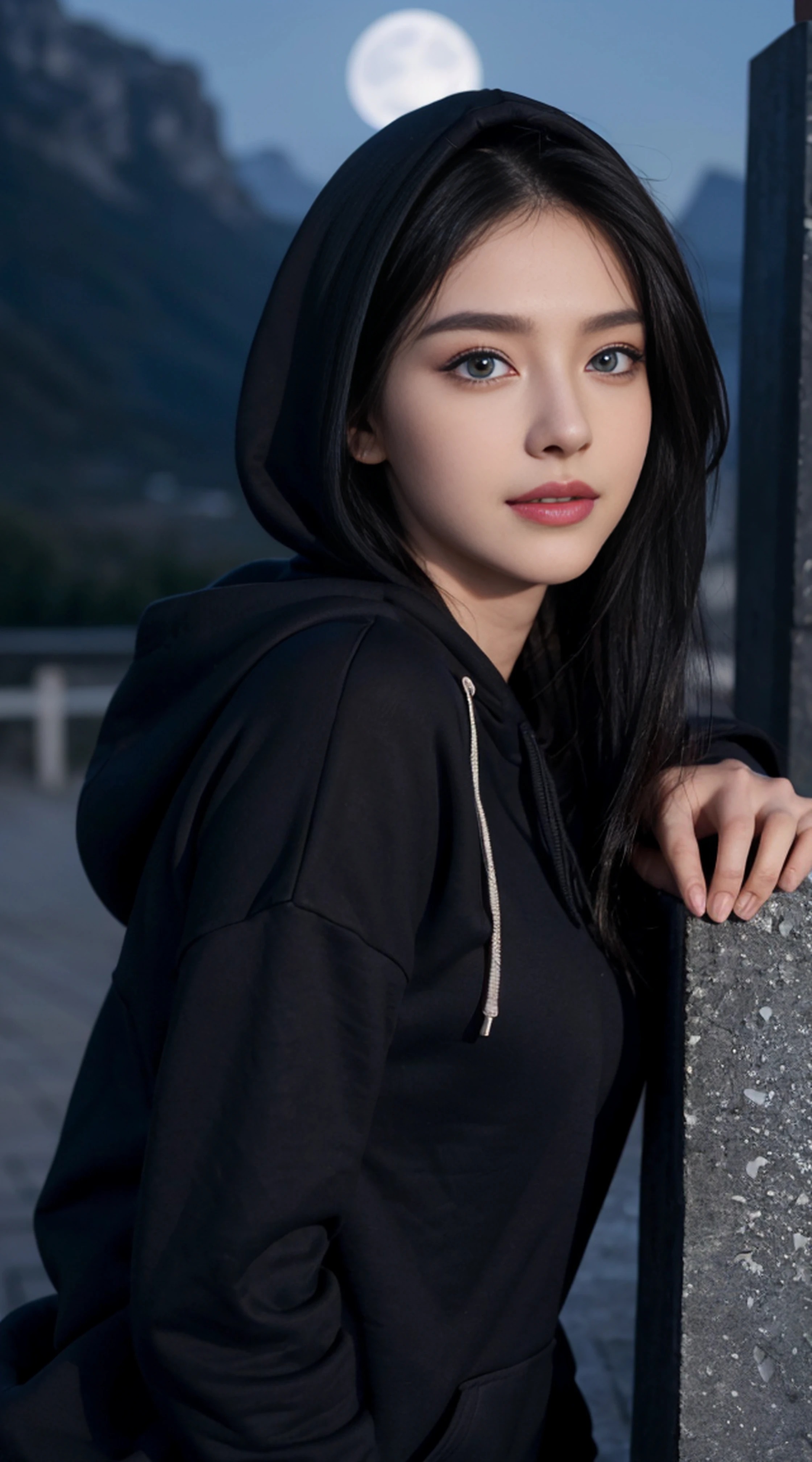 8K, Top Quality, Intricate Details, Ultra Detail, Ultra High Resolution, Masterpiece, random angle,  Slender, Smile, (Makeup: 0.4), (Fluffy Blue Eyes: 1.21), blue Eyes, looking at viewer, ((full body)), 1girl, solo, 1 girl, (( full body)), close up shot, , ((tall)), (((fit body))), (((slim face))), sharp face, sharp eyes, (((black hair, long hair, ))  (detailed face), sharp face, small lips, 
 ((Hoodie)),  detailed face, detailed breast, , large breast, detail ass, , Beautiful girl with accentuated slender abs: 1.4, Six Pack Abs: 1.4, Bust Botox, Big, Perfect Body, detail leg, (( moonlight)), top of mountain