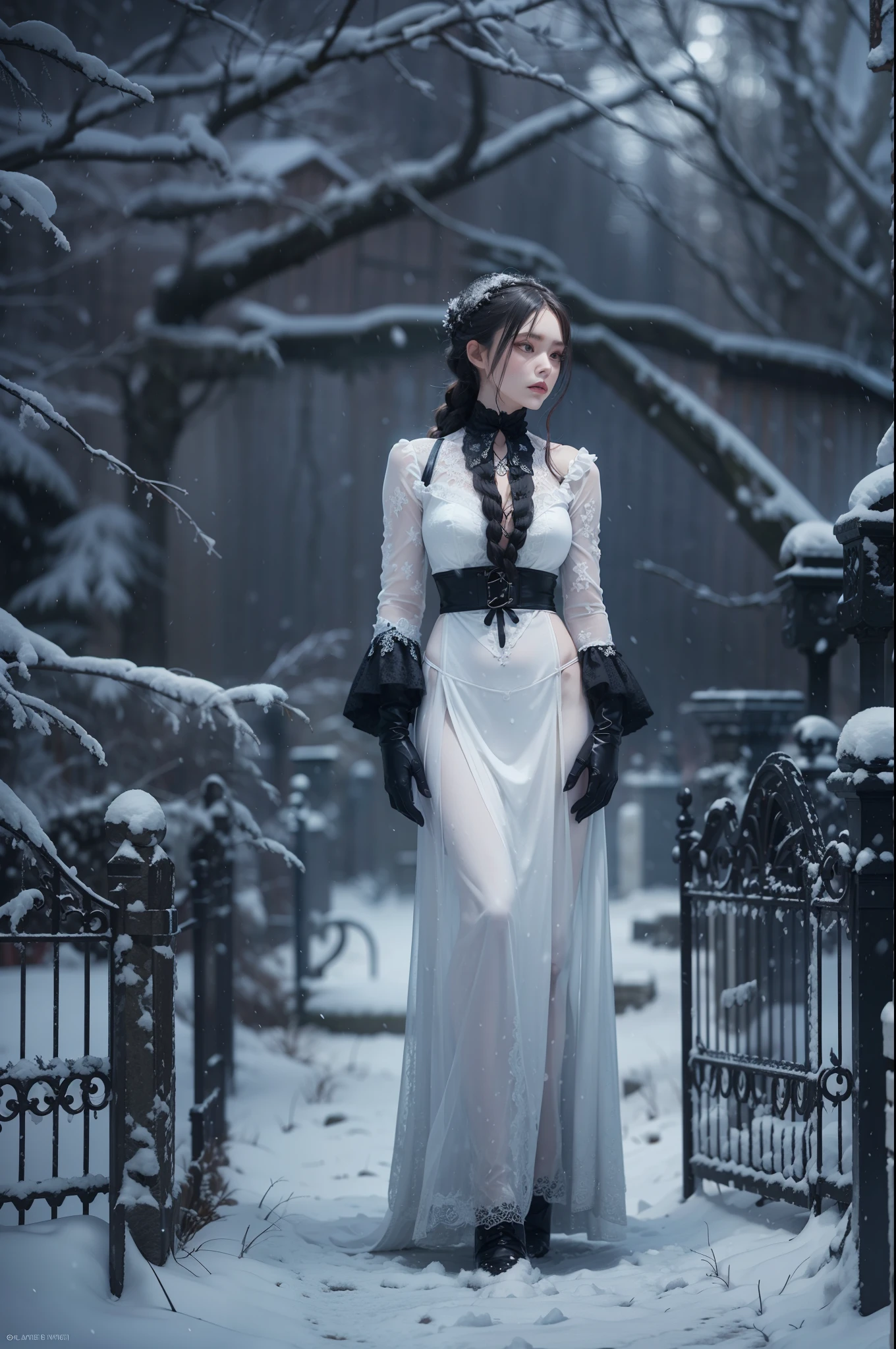 Beautiful and aesthetic, white Woman dressed in black gothic victorian dress, intricated dress, detailed face , delicate eyes, tied braided hair, long sleeves with black latex gloves, eyeliner, sharp eyes, standing in snowy cemetery environtment , ((snowfall particles)), cinematic, grimm, dark and light, fullbody shot, dynamic pose,sharp focus, dark atmosphere, miki asai photo, high_res