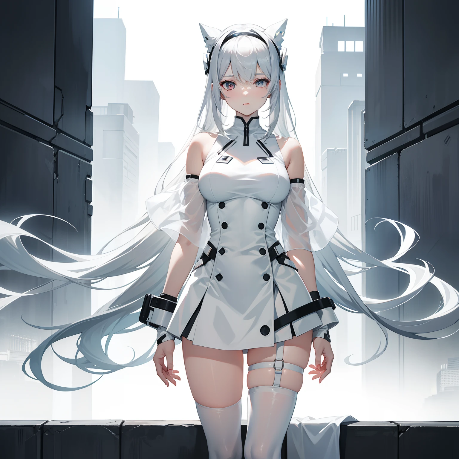 White off-the-shoulders cover the neck with short sleeves,Short light gray skirt,Futuristic technology sense dress,White futuristic technology stockings,A hand on his chest,The other hand is likened to Yah's gesture,Red long-haired,Large hairbands,Leaning against a railing