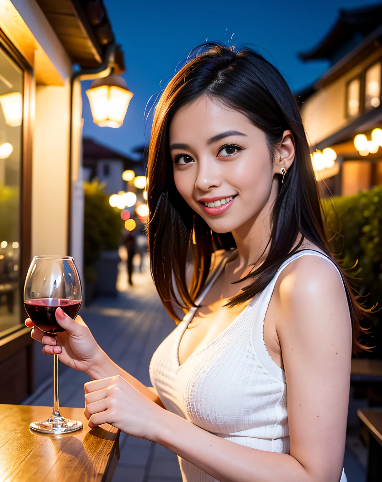 (64K, UHD, top quality, masterpiece: 1.2), (realistic, photorealistic: 1.37), super detailed, pretty woman 1 person, (slim face), (slim body), (brown hair), (short cut), cheeks slightly blushing, (44 years old), 38 years old, solo, beautiful detailed urban night view outside the window, restaurant, wine glasses sit, at night, in a prominent placeNovaFrogStyle, Actress, Model, Waist Up, White Wine, Slim, Wine Glass, Super Clean Night View, Wine Glass Put in the Middle, Happy Smile, (Smile: 1.15), Beautiful Fine Eyes, Upper Body, Bust Japan Up, Night, Short, Short, Actress, Model, Waist Up, White Wine, Slim, Wine Glass, Super Clean Night View, Wine Glass Put in the Middle, Happy Smile,
