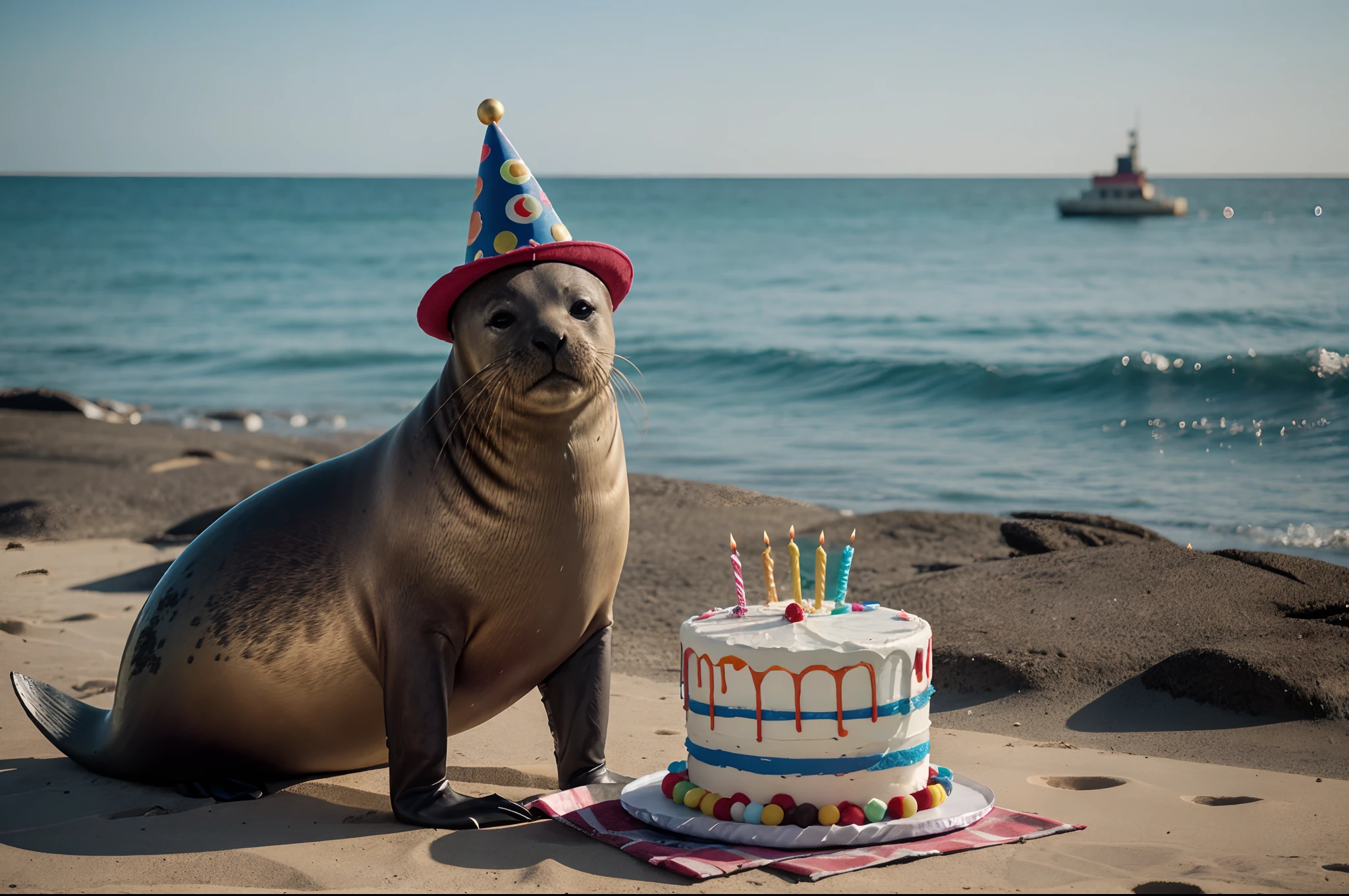 Photograph of a Sealion wearing a Party Hat with a birthday cake in front of them on the Sea Shore of Argentina, warm atmosphere, Captured by Panavision Panaflex Platinum Camera with Panavision Primo Primes Spherical Lens 50mm T1.9