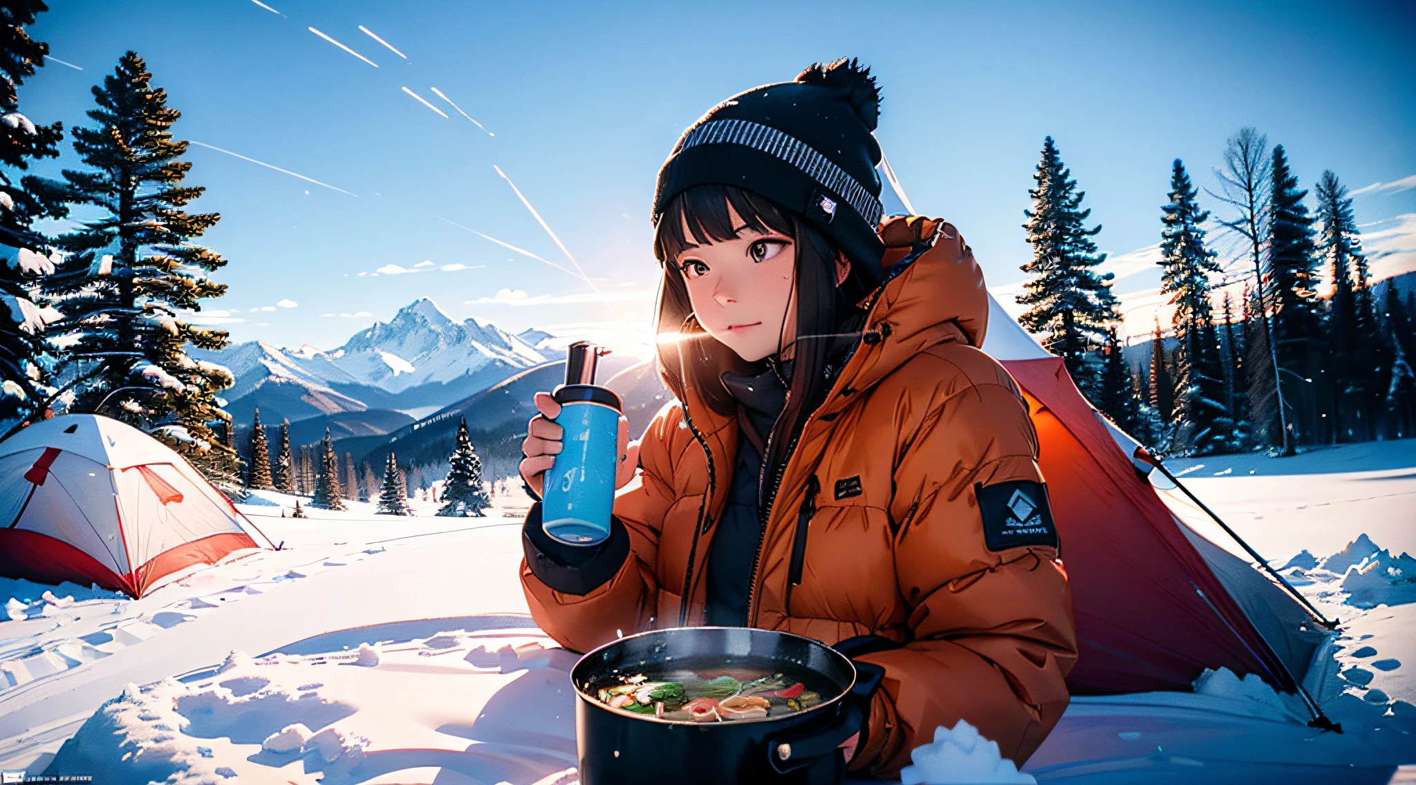 ((Snow Mountain Camping、A tiny2Put up skis beside the tent for people、Boil water on the stove、2Couple skiers eating cup ramen noodles side by side、Snow piled up on the tent and the area was a snowy field、You can see steep mountains in the distance))、Perfect Ray Tracing、Dramatic Writing、concept-art、Highly detailed background,Realistic,ultra-detailliert,super detailed skin,light glow,Film grain,Expro II,Lens Flare,Sharpen,cinematic shadow
