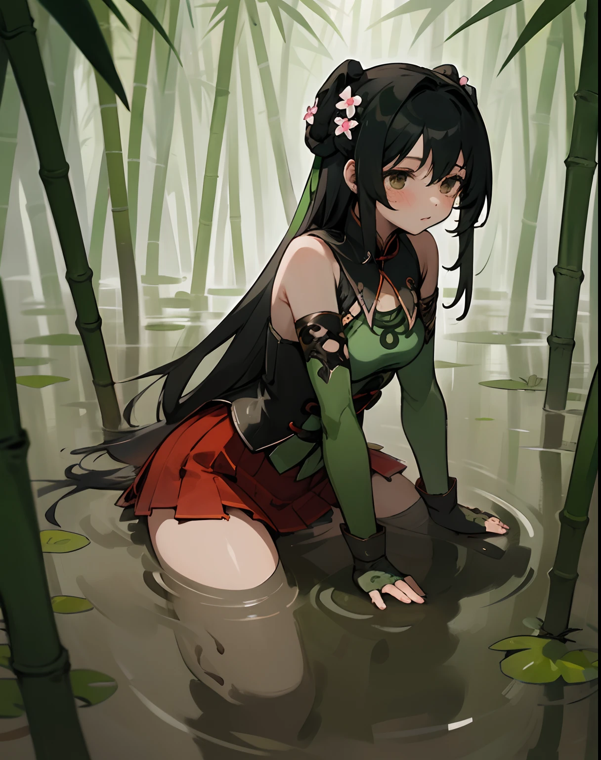 best quality, (masterpiece:1.2), illustration, absurdres,
(1girl, solo), (beautiful detailed girl),
Guan Yinping, black hair, brown eyes, hair ornament, hair flower, small breasts,
green top, bare shoulders, black collar, black corset, red skirt, fingerless gloves, green boots,
in bamboo forest, stand by herself in a pond of mud, swamp,sunk to the breast, thick dull mud, sinking in the mud, drowns in the swamp, muddy ground, thick, opaque mud, marshy terrain, thick fog,sunk to the breast, thick dull mud, arms immersed in mud, sinking in the mud, muddy ground, thick, opaque mud, marshy terrain, thick fog