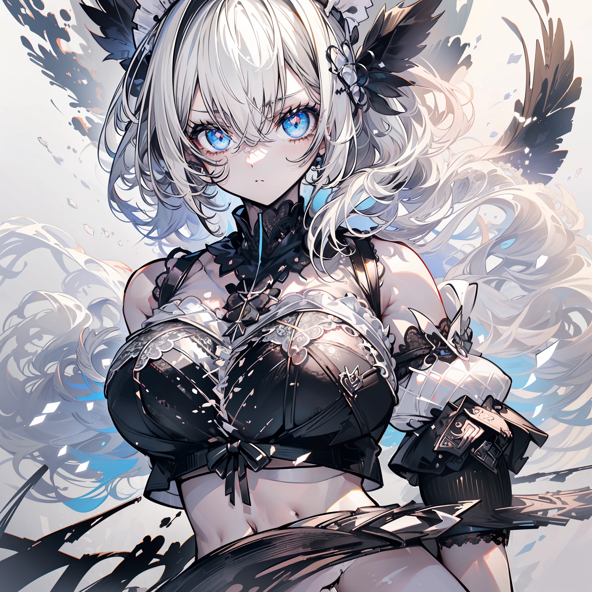 (8K, Best quality, tmasterpiece:1.2),\(eye detailed\),\(Facial features\),(\(Clothes detail details\)\),(huge tit),full bodyesbian,(Facial focus) ,Very detailed CG unity 8K wallpaper,hugefilesize,ultra - detailed,A high resolution,absurderes,beautidful eyes,Ray traching,dramatic shadow,finely detailled,Dramatic angles,Hyper-detailing,(1 girl:1.3),(Solo),Mature female, a matural female,thick thight, busty figure,((maid costume(Crop tops):1.3)+(Off-the-shoulder puff sleeves black top(/White lace:1.3)/)+(Small white apron,blackminiskirt)),MIDJOURNEY