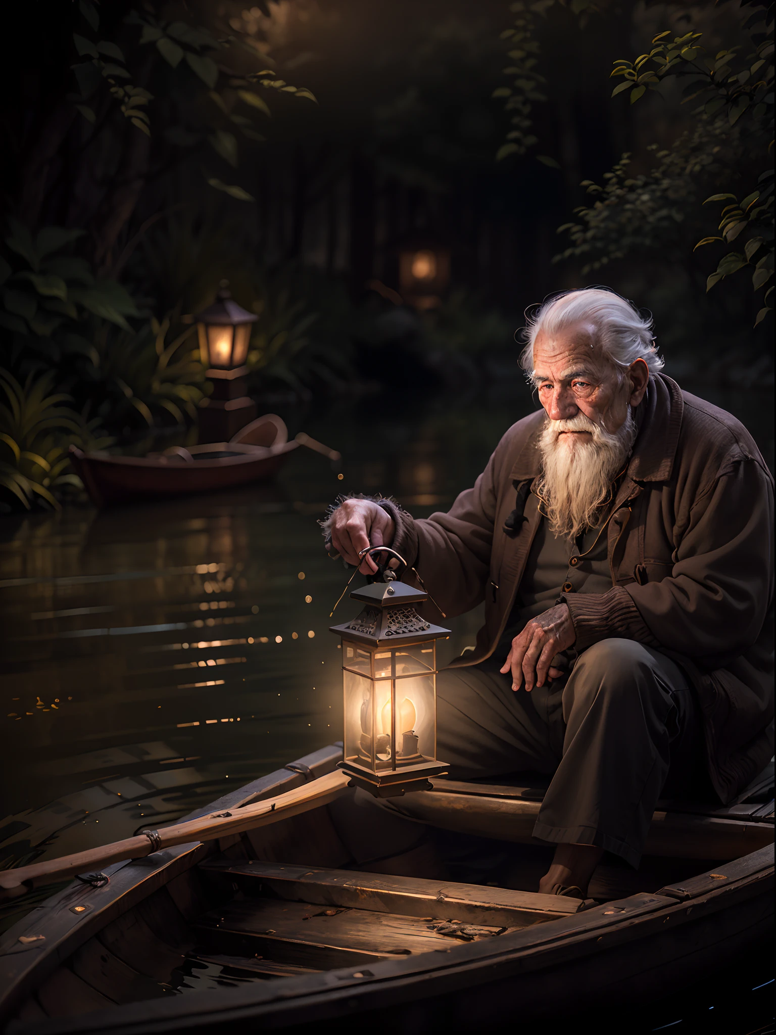 a captivating and emotive image from a fantasy world with a touch of magic. Envision an elderly man, his face etched with time's wisdom, seated in a simple wooden canoe. He holds a lantern aloft, its warm glow casting a gentle radiance that illuminates the wrinkles on his weathered face. He navigates a pitch-black river, and the lantern's light is the sole source of illumination. The focus of the image is on the old man's expressive face, capturing the sense of solitude, mystery, and the journey into the unknown in this magical and enchanting world