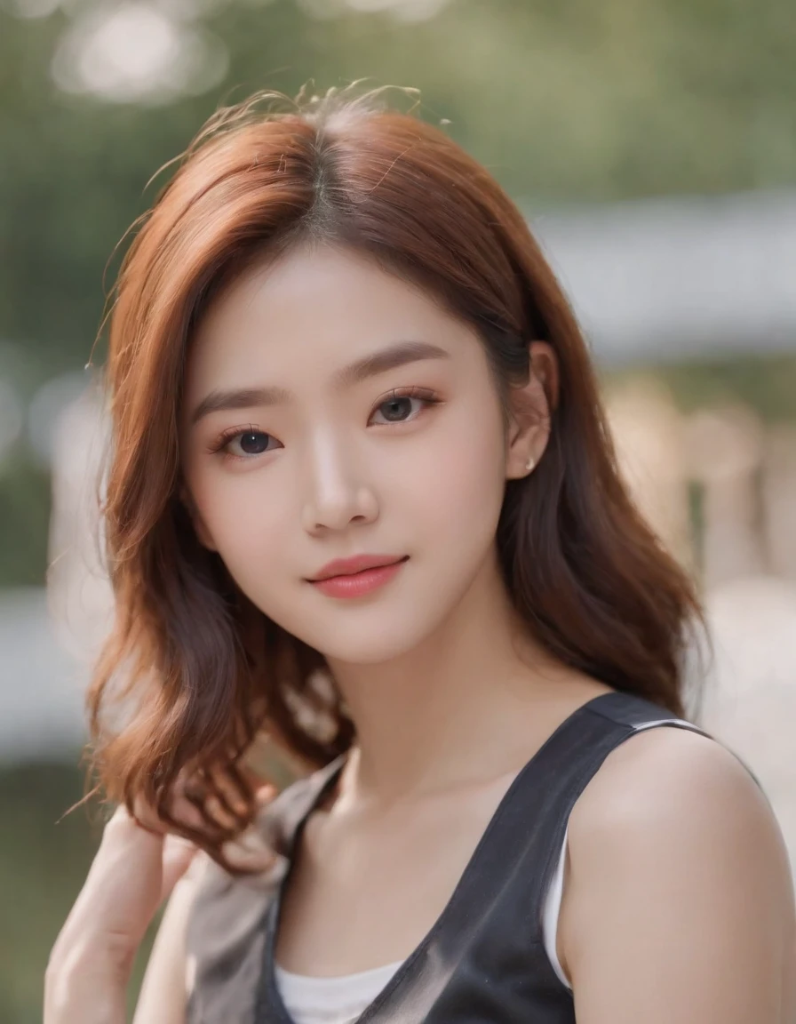 4k, High Resolution, Masterpiece, Best Quality, (Korean K-pop Idol)，Face Highlighting，Pure，Girly，Flushing，18yr old，18-year-old smiling female classmate，Pure，Innocent, (Cinema Lighting), Clavicle, Morning, Soft Light, Dynamic Angle, [: (detailed face:1.2):0.2]，，tight vest，(medium close-up)