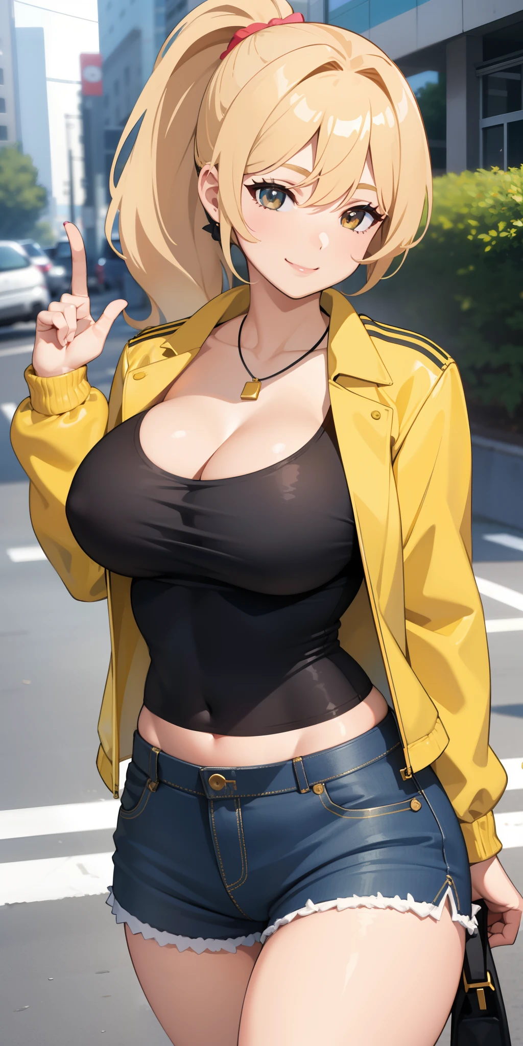 Gal, blonde ponytail, large breasts, thighs, camisole, shorts, cleavage, open jacket, (close shot,best quality:1.5, highres, UHD, 4K), street background, smiling