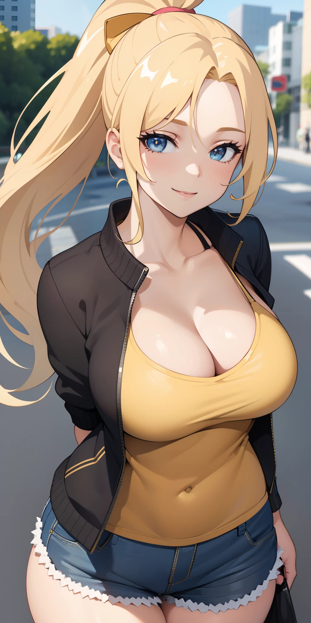Gal, blonde ponytail, large breasts, thighs, camisole, shorts, cleavage, open jacket, (close shot,best quality:1.5, highres, UHD, 4K), street background, smiling