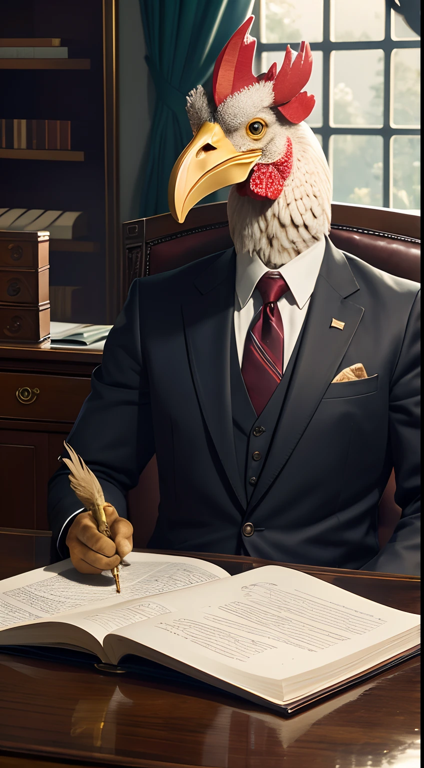 president, president office, sitting behind the president desk, human body, rooster head, suit, Animal Anthropomorphism, realistic digital, humanoid, abstract background, global illumination, intricate, epic, dramatic, masterpiece, high detail, best quality, ultra high res