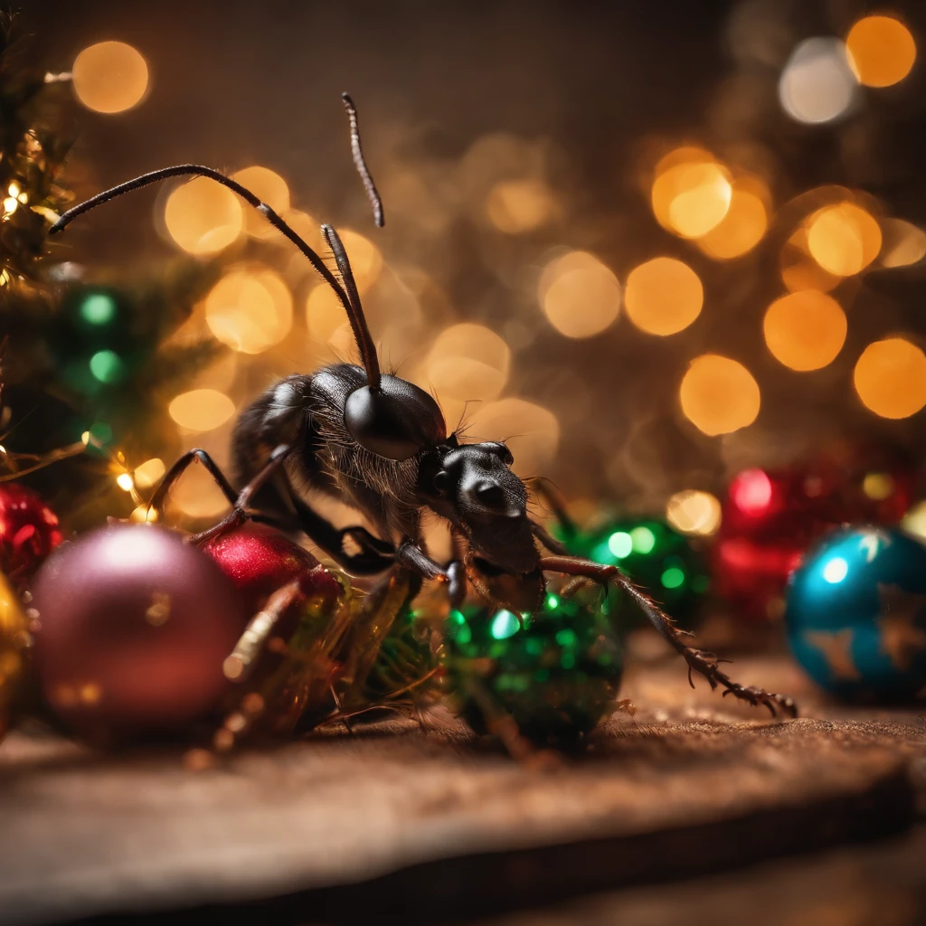 an ant surrounded with many gifts in shiny Christmas with colorful light