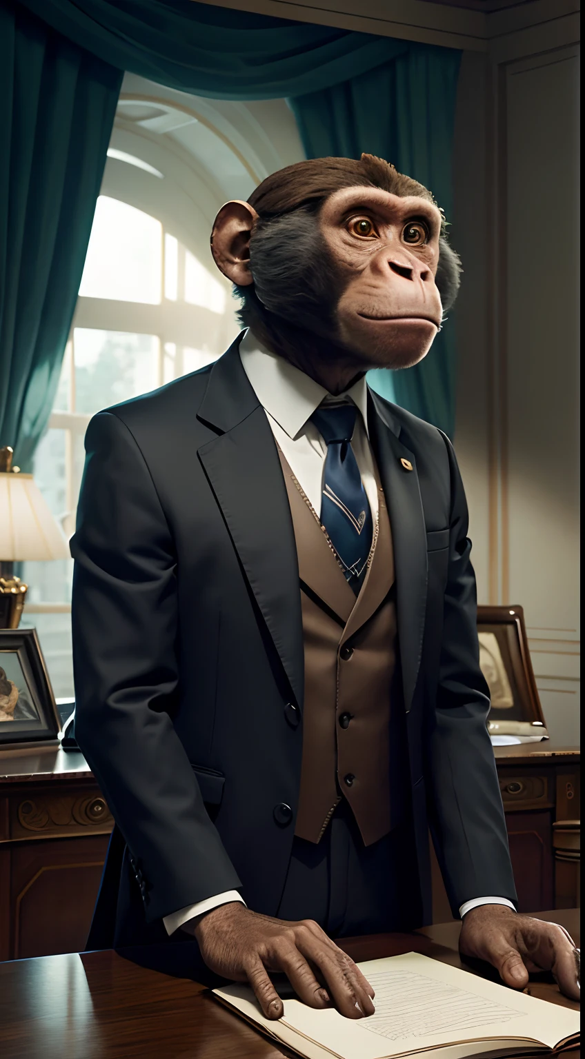 president, president office, sitting behind the president desk, human body, monkey head, suit, Animal Anthropomorphism, realistic digital, humanoid, abstract background, global illumination, intricate, epic, dramatic, masterpiece, high detail, best quality, ultra high res