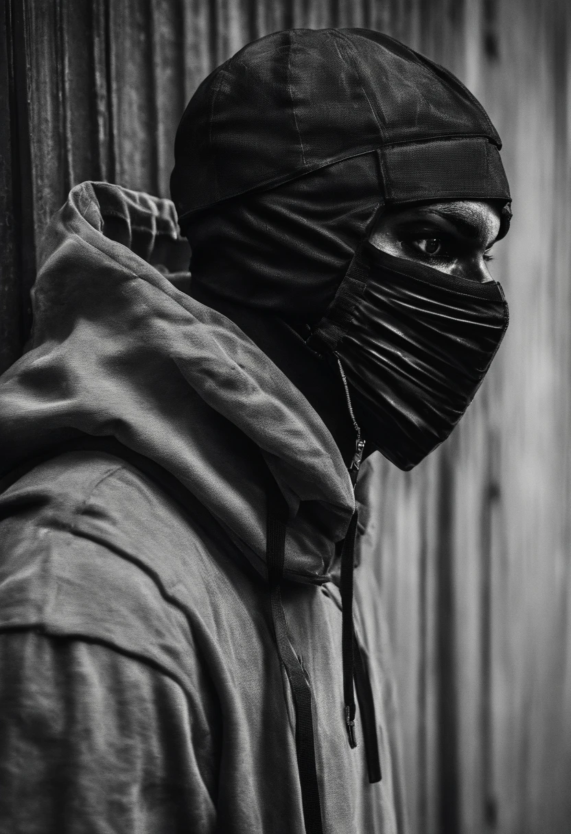 A 23year old guy wearing a black baseball cap and black face mask. he is suffering a lot of pain but can't show it he's too exhausted to escape the mental chains. his hair is shoulder length, he's against a wall, and he has an adult body