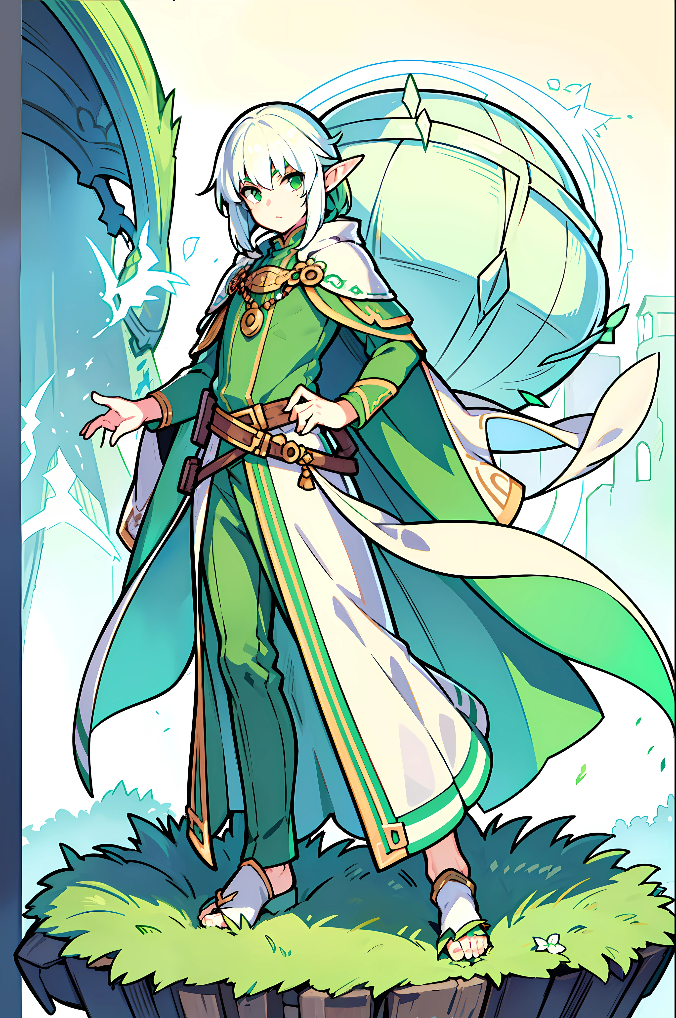 whitehair,teenager,elf druid,male,boy,1.6mheight,greeneyes,green clothes,genshinstyle,dynamicpose,fullbody,(bestquality:1.2),(ultra-detailed,realistic:1.37),vividcolors