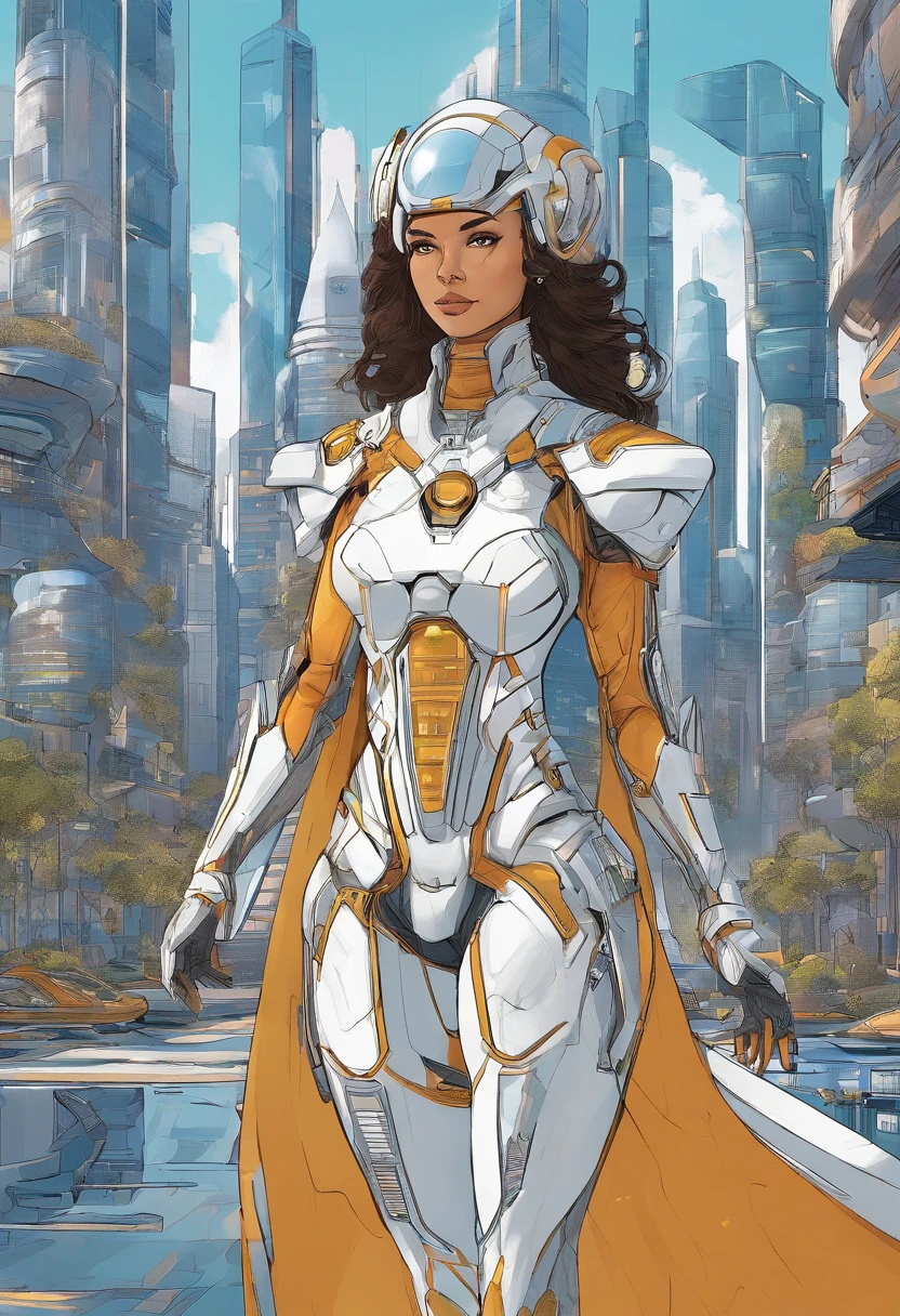 Generate an image of a regular size woman human female with dark hair tied into a bun, she's a solarpunk-inspired eco-street guardian knight in a city street. The guardian wears a futuristic lightweight solar-powered fill-body armor with a golden sheen. a star-shaped crest visible on her chest. Her face is uncovered, revealing her determined expression as she walks among pedestrians. The guardian's presence is proportional to the human scale, not towering over the surroundings, and her armor does not have plants growing out of it. The city around her is a lush, eco-friendly metropolis with advanced solar technology seamlessly integrated into the architecture. The guardian embodies the spirit of sustainability and protection in this utopian urban setting.