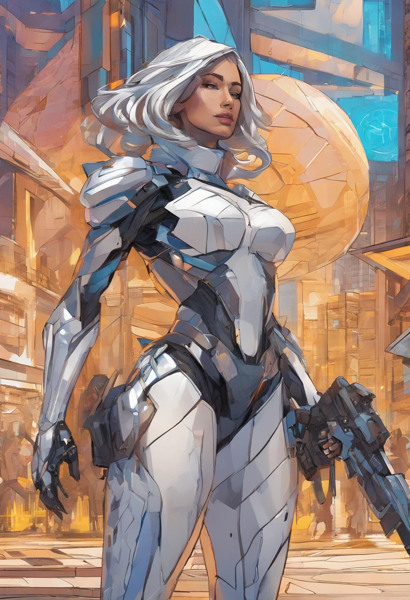 Generate an image of a regular size woman human female with dark hair tied into a bun, she's a solarpunk-inspired eco-street guardian knight in a city street. The guardian wears a futuristic lightweight solar-powered fill-body armor with a golden sheen. a star-shaped crest visible on her chest. Her face is uncovered, revealing her determined expression as she walks among pedestrians. The guardian's presence is proportional to the human scale, not towering over the surroundings, and her armor does not have plants growing out of it. The city around her is a lush, eco-friendly metropolis with advanced solar technology seamlessly integrated into the architecture. The guardian embodies the spirit of sustainability and protection in this utopian urban setting.