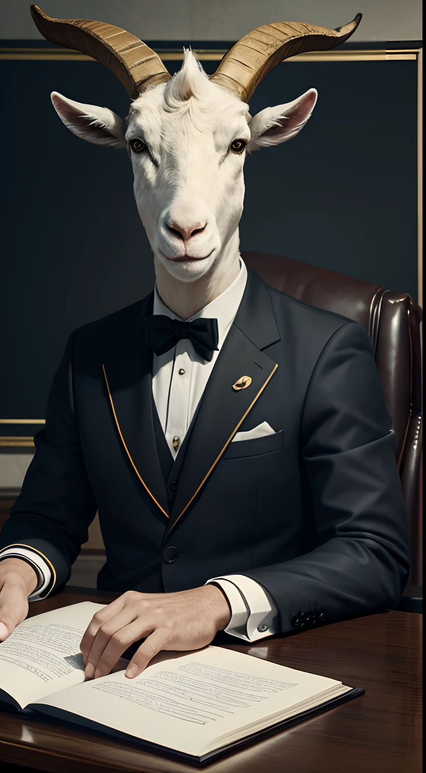 president, president office, sitting behind the president desk, human body, goat head, suit, Animal Anthropomorphism, realistic digital, humanoid, abstract background, global illumination, intricate, epic, dramatic, masterpiece, high detail, best quality, ultra high res