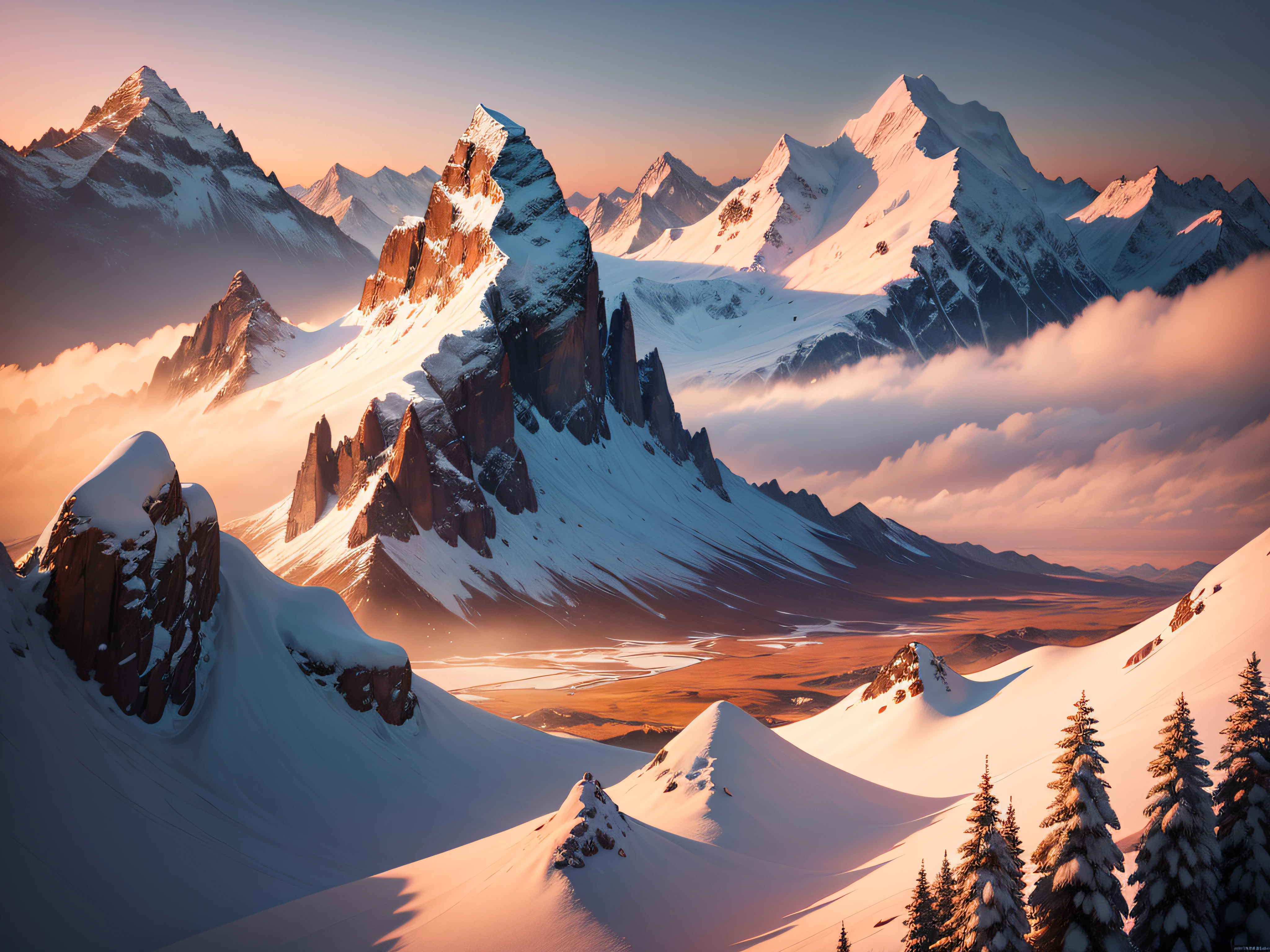 A majestic snow-covered mountain basks in the warm hues of a breathtaking sunset, casting a golden glow upon the serene landscape below, tranquil and awe-inspiring, with soft, pastel-colored clouds painting the sky, captured through the lens of a Hasselblad X1D-50c, emphasizing the intricate details of the snow-capped peaks and the ethereal beauty of the scene.