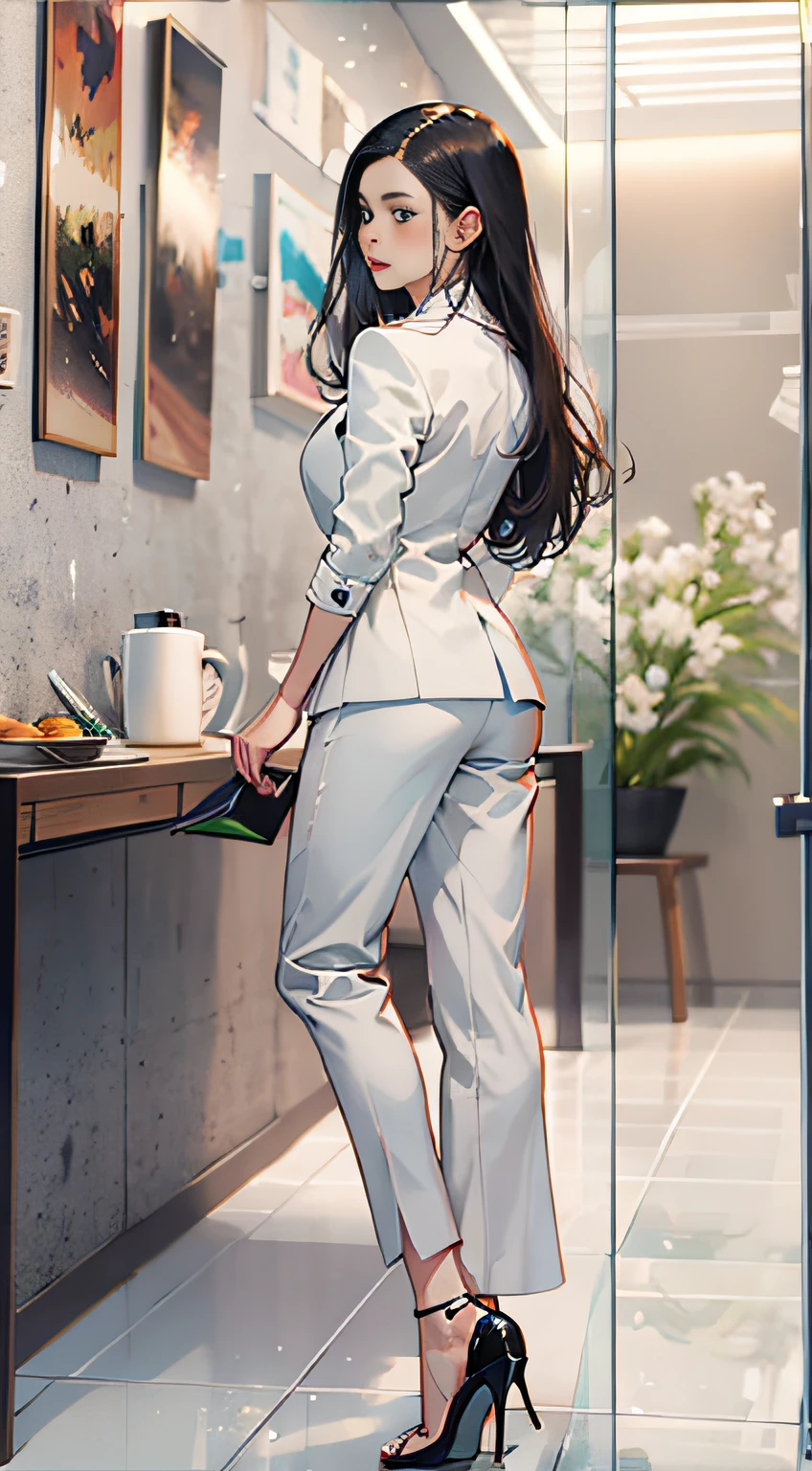 1 girl with pure desire，Age 25 years，standing on your feet，dressed in a suit，Holding a folder in his hand，Feminized facial features，mesmerizing eyes，Straight hair，A calm posture，Porcelain-like skin，Subtle blush，a white wall，ultra - detailed，offcial art，统一 8k 壁纸，2.5D thick coating，Characters shrink，fully body photo，Wear high heels