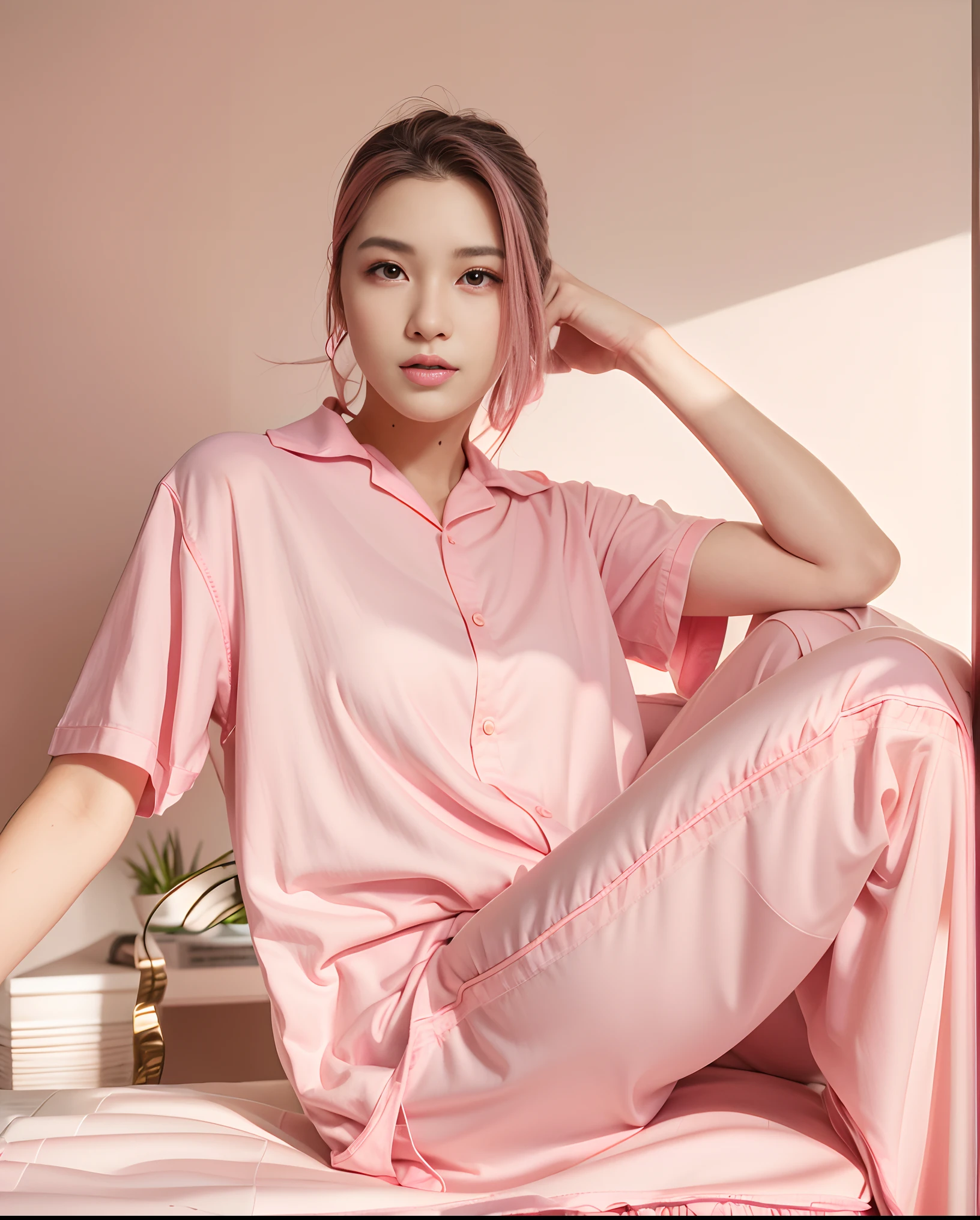 arafed woman in pink pajamas sitting on a bed, pink, with soft pink colors, pastel pink, pink clothes, pink pastel, peach, sleepwear, some pink, ((pink)), pink hue, light pink, silky, silk, wearing pajamas, smooth pink skin, pink shirt, colour, satin, pastel pink skin tone